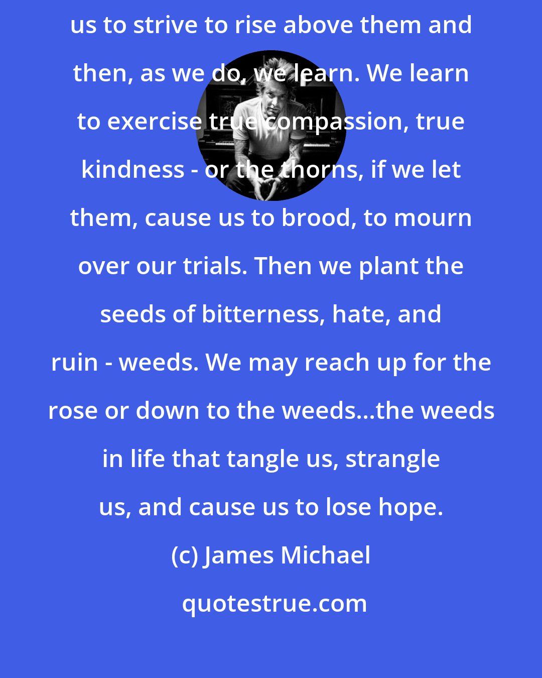 James Michael: So it is with life. Those thorns, the prickly problems of life, cause us to strive to rise above them and then, as we do, we learn. We learn to exercise true compassion, true kindness - or the thorns, if we let them, cause us to brood, to mourn over our trials. Then we plant the seeds of bitterness, hate, and ruin - weeds. We may reach up for the rose or down to the weeds...the weeds in life that tangle us, strangle us, and cause us to lose hope.