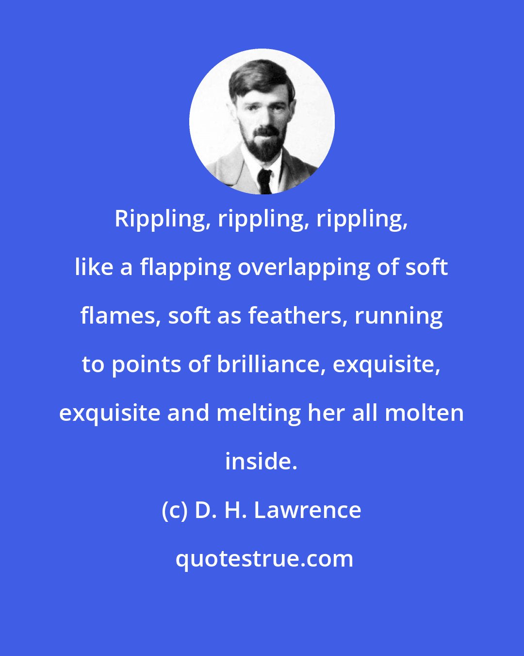 D. H. Lawrence: Rippling, rippling, rippling, like a flapping overlapping of soft flames, soft as feathers, running to points of brilliance, exquisite, exquisite and melting her all molten inside.