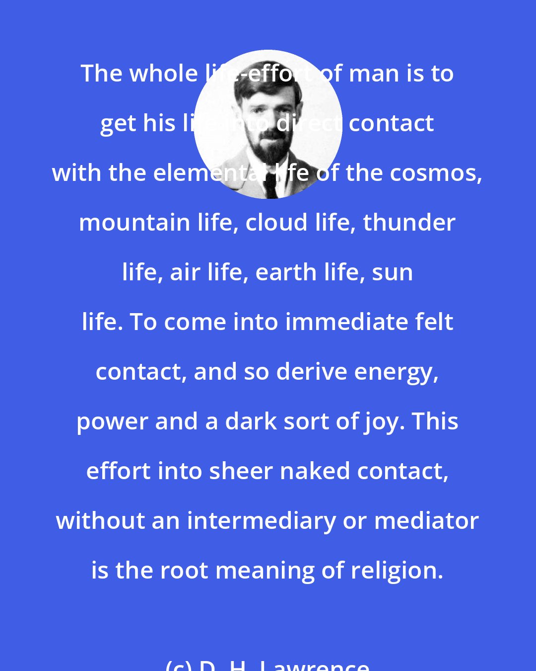 D. H. Lawrence: The whole life-effort of man is to get his life into direct contact with the elemental life of the cosmos, mountain life, cloud life, thunder life, air life, earth life, sun life. To come into immediate felt contact, and so derive energy, power and a dark sort of joy. This effort into sheer naked contact, without an intermediary or mediator is the root meaning of religion.
