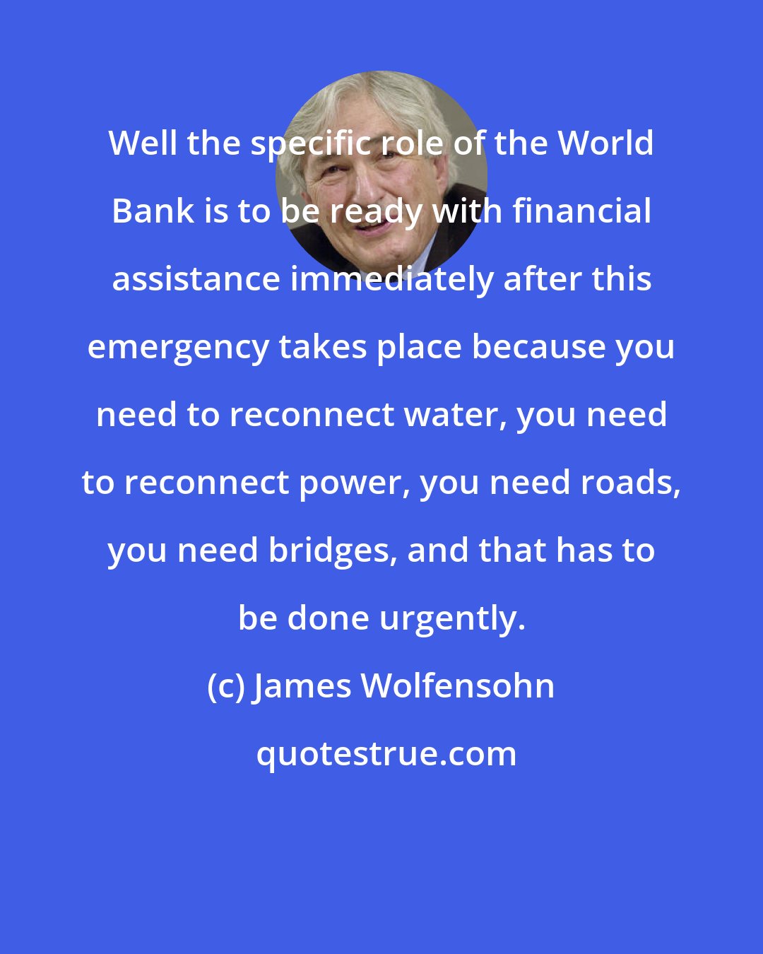 James Wolfensohn: Well the specific role of the World Bank is to be ready with financial assistance immediately after this emergency takes place because you need to reconnect water, you need to reconnect power, you need roads, you need bridges, and that has to be done urgently.