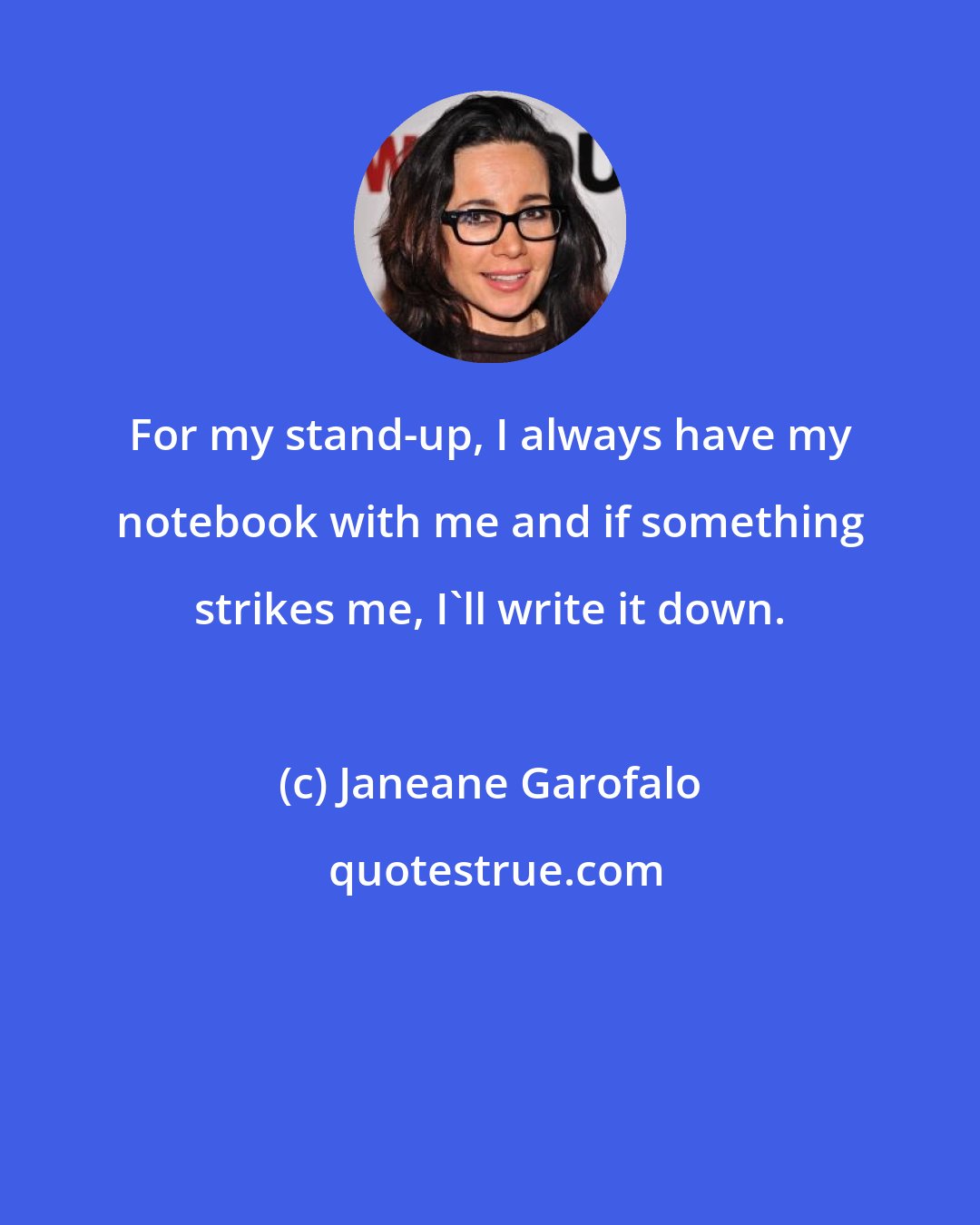 Janeane Garofalo: For my stand-up, I always have my notebook with me and if something strikes me, I'll write it down.