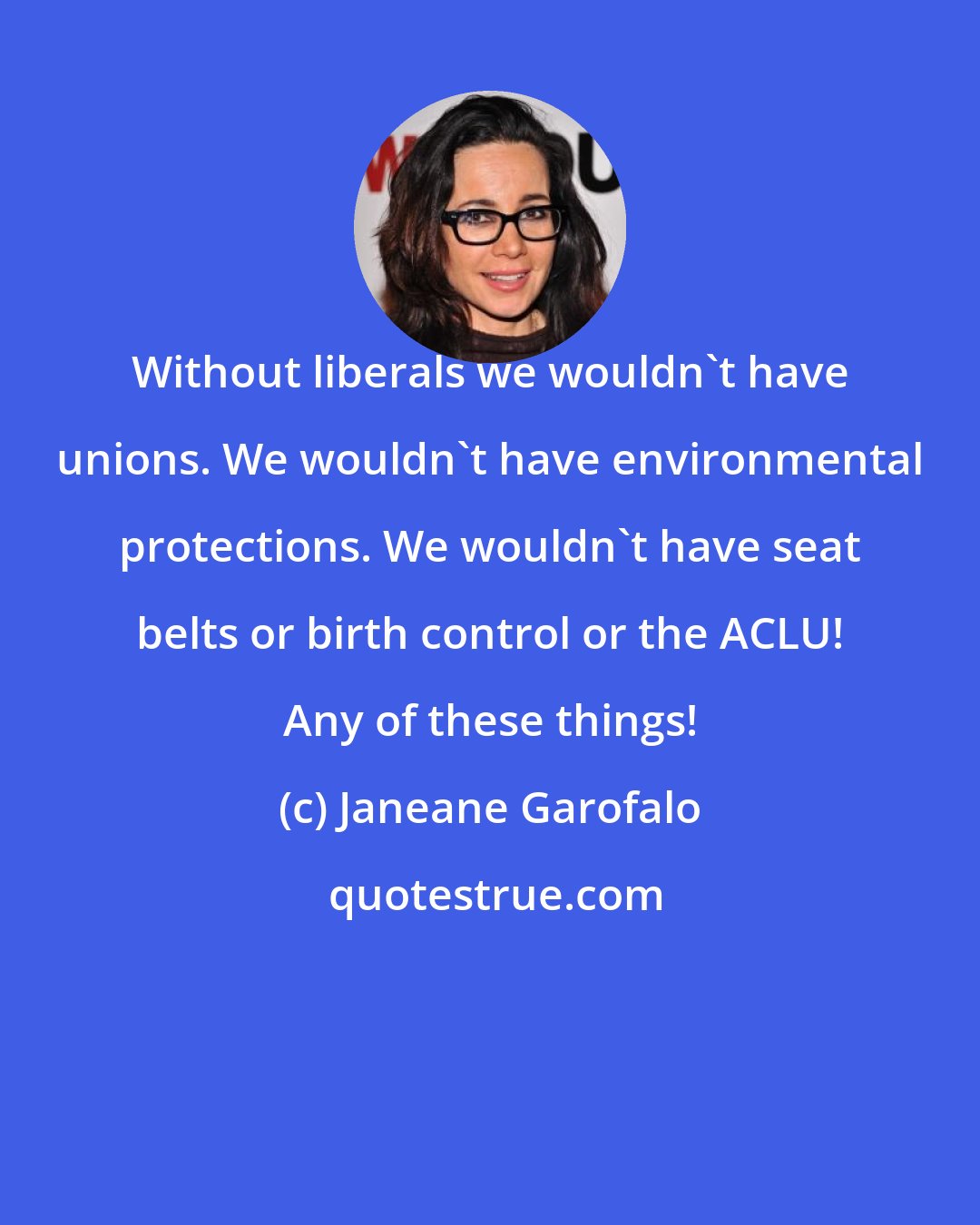 Janeane Garofalo: Without liberals we wouldn't have unions. We wouldn't have environmental protections. We wouldn't have seat belts or birth control or the ACLU! Any of these things!