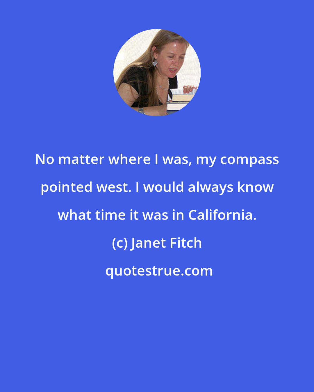 Janet Fitch: No matter where I was, my compass pointed west. I would always know what time it was in California.