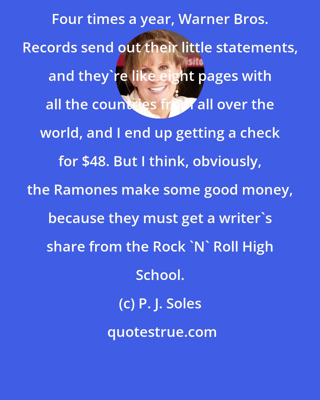 P. J. Soles: Four times a year, Warner Bros. Records send out their little statements, and they're like eight pages with all the countries from all over the world, and I end up getting a check for $48. But I think, obviously, the Ramones make some good money, because they must get a writer's share from the Rock 'N' Roll High School.