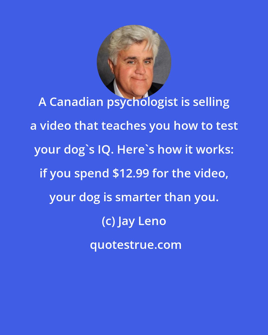 Jay Leno: A Canadian psychologist is selling a video that teaches you how to test your dog's IQ. Here's how it works: if you spend $12.99 for the video, your dog is smarter than you.