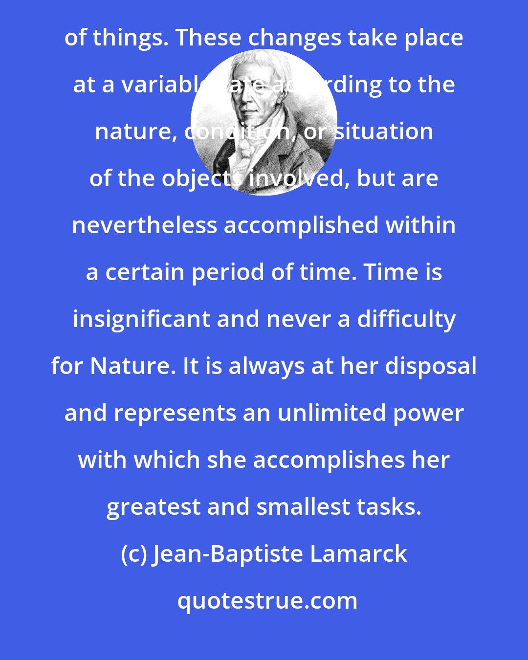 Jean-Baptiste Lamarck: On our planet, all objects are subject to continual and inevitable changes which arise from the essential order of things. These changes take place at a variable rate according to the nature, condition, or situation of the objects involved, but are nevertheless accomplished within a certain period of time. Time is insignificant and never a difficulty for Nature. It is always at her disposal and represents an unlimited power with which she accomplishes her greatest and smallest tasks.