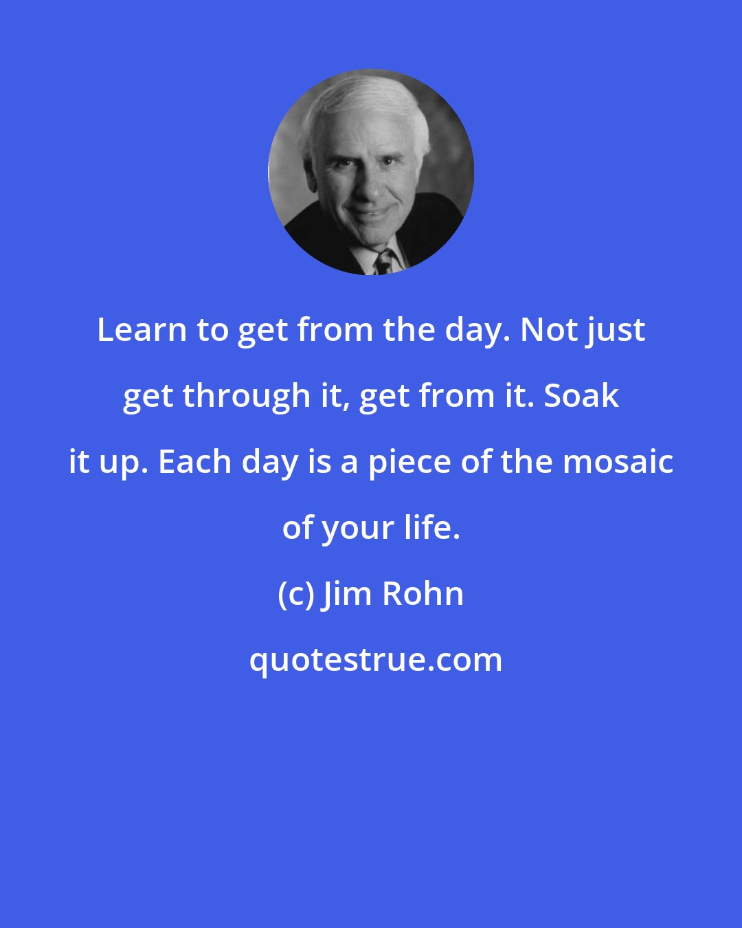 Jim Rohn: Learn to get from the day. Not just get through it, get from it. Soak it up. Each day is a piece of the mosaic of your life.