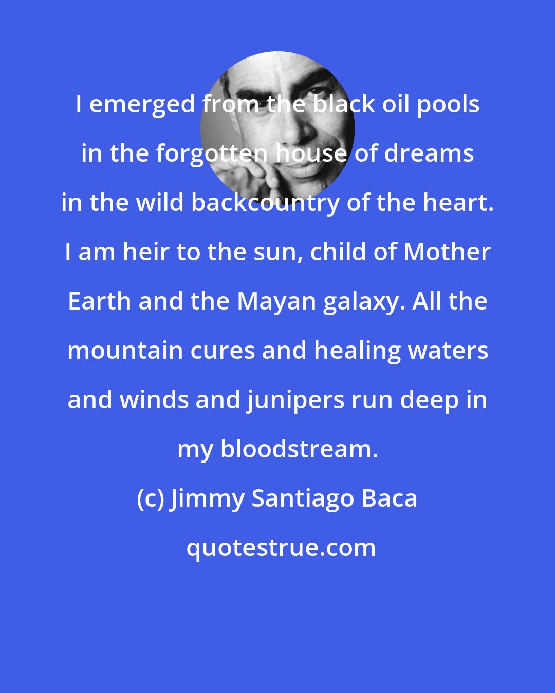 Jimmy Santiago Baca: I emerged from the black oil pools in the forgotten house of dreams in the wild backcountry of the heart. I am heir to the sun, child of Mother Earth and the Mayan galaxy. All the mountain cures and healing waters and winds and junipers run deep in my bloodstream.