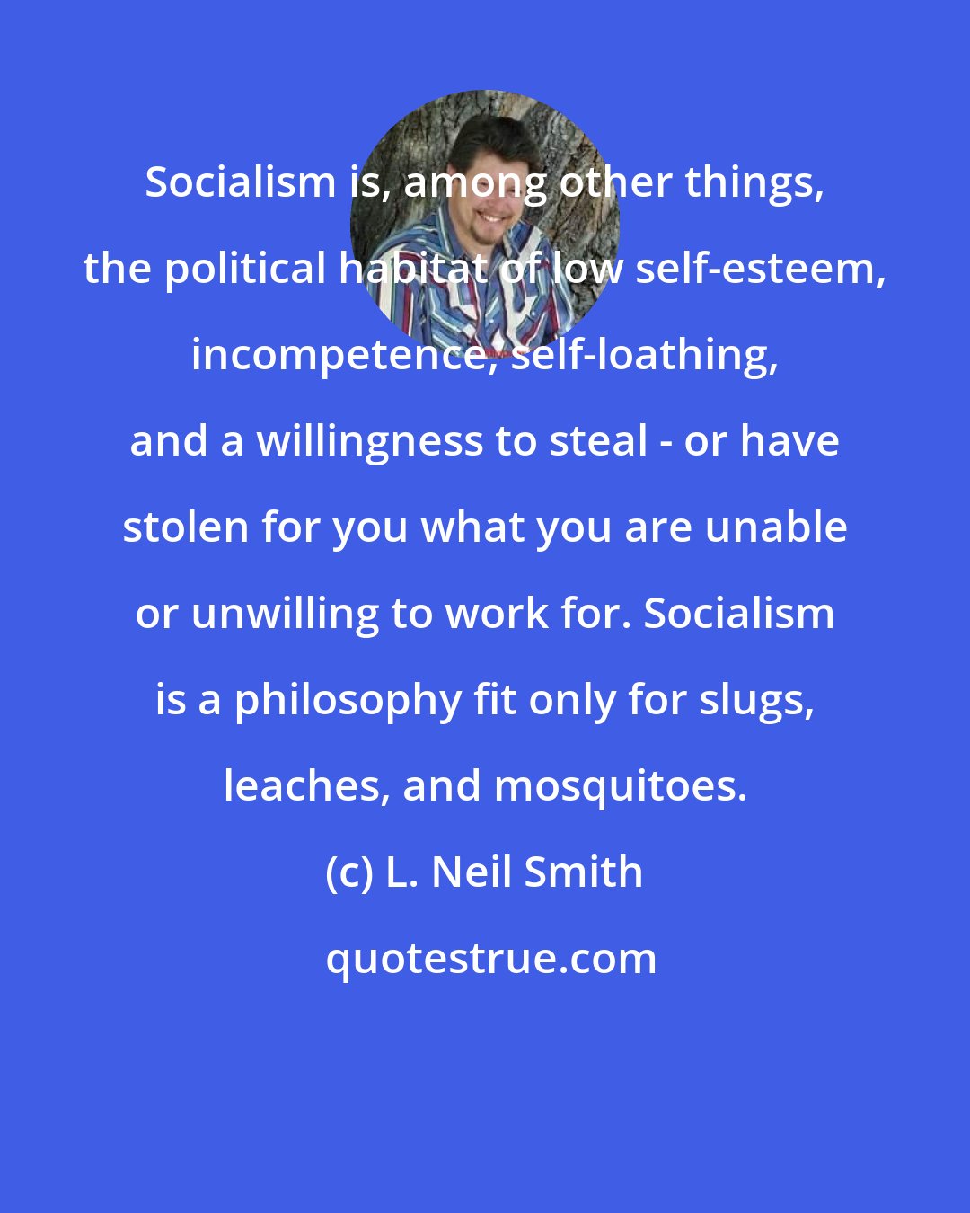 L. Neil Smith: Socialism is, among other things, the political habitat of low self-esteem, incompetence, self-loathing, and a willingness to steal - or have stolen for you what you are unable or unwilling to work for. Socialism is a philosophy fit only for slugs, leaches, and mosquitoes.