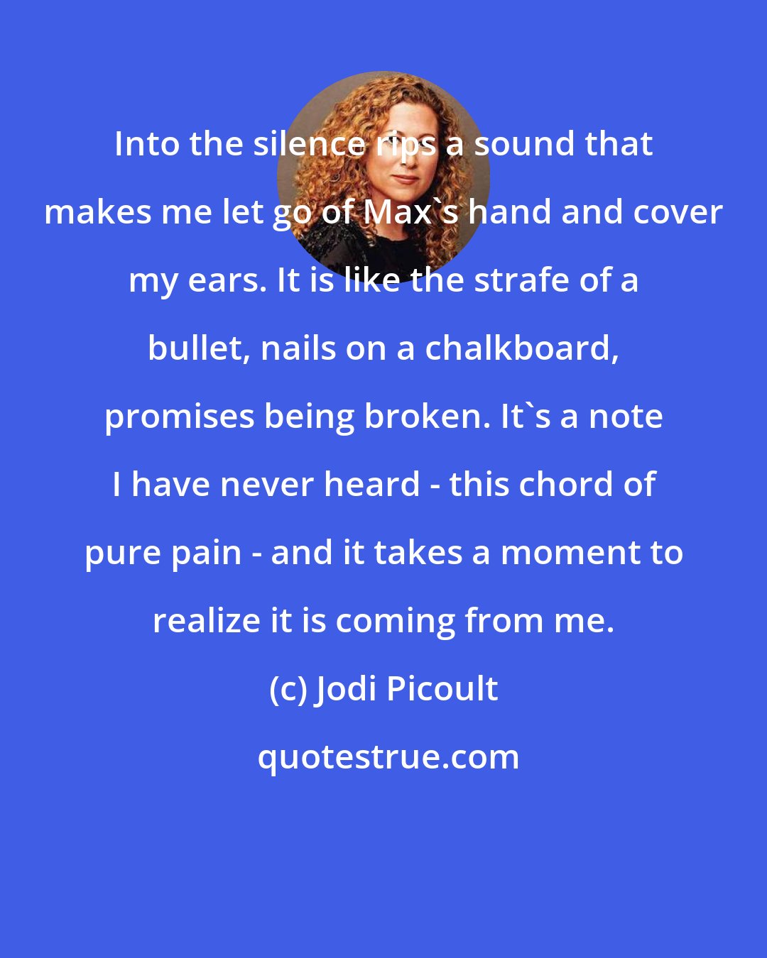 Jodi Picoult: Into the silence rips a sound that makes me let go of Max's hand and cover my ears. It is like the strafe of a bullet, nails on a chalkboard, promises being broken. It's a note I have never heard - this chord of pure pain - and it takes a moment to realize it is coming from me.