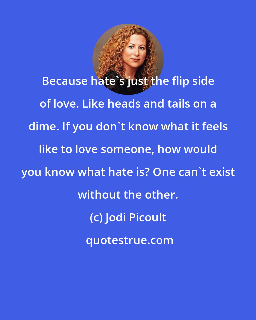 Jodi Picoult: Because hate's just the flip side of love. Like heads and tails on a dime. If you don't know what it feels like to love someone, how would you know what hate is? One can't exist without the other.