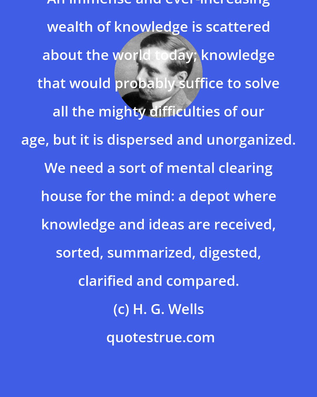 H. G. Wells: An immense and ever-increasing wealth of knowledge is scattered about the world today; knowledge that would probably suffice to solve all the mighty difficulties of our age, but it is dispersed and unorganized. We need a sort of mental clearing house for the mind: a depot where knowledge and ideas are received, sorted, summarized, digested, clarified and compared.