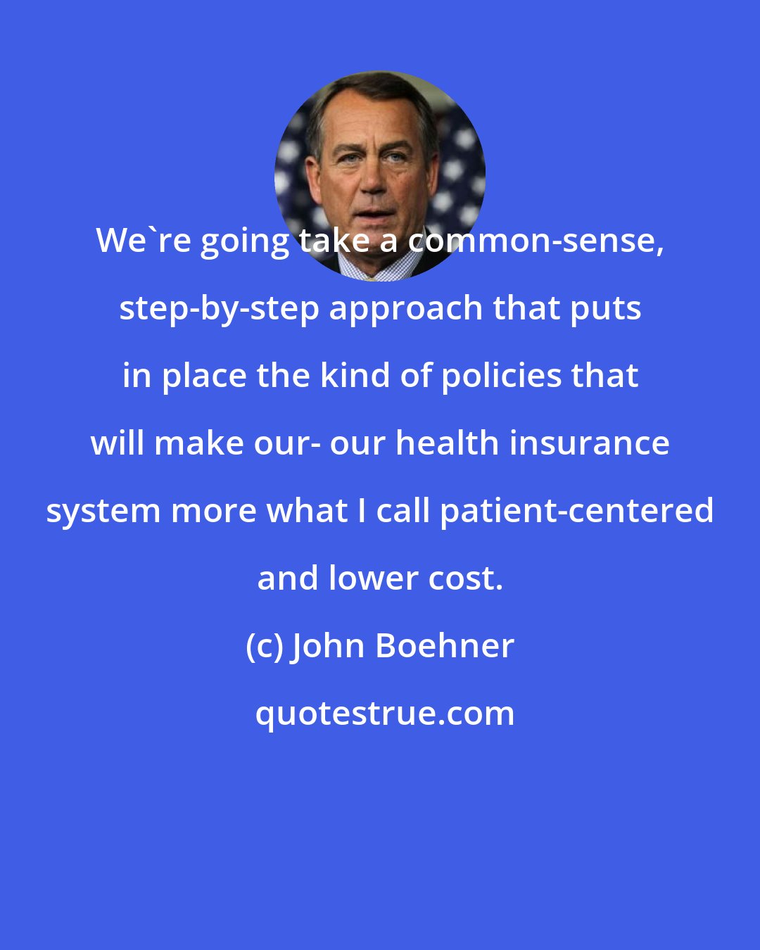 John Boehner: We're going take a common-sense, step-by-step approach that puts in place the kind of policies that will make our- our health insurance system more what I call patient-centered and lower cost.