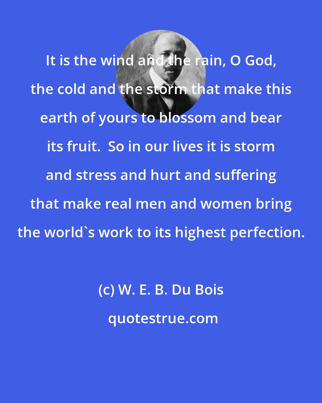 W. E. B. Du Bois: It is the wind and the rain, O God, the cold and the storm that make this earth of yours to blossom and bear its fruit.  So in our lives it is storm and stress and hurt and suffering that make real men and women bring the world's work to its highest perfection.