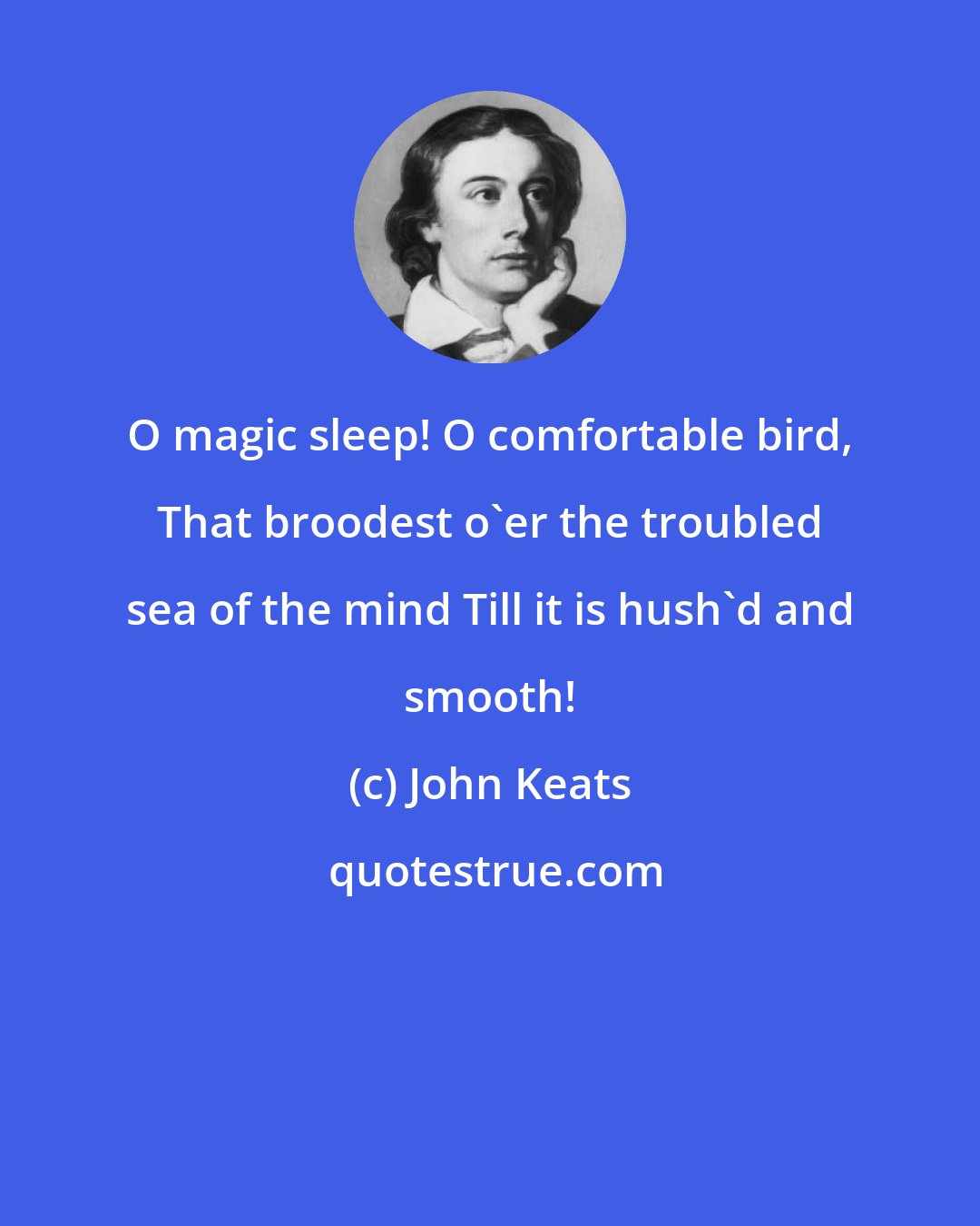 John Keats: O magic sleep! O comfortable bird, That broodest o'er the troubled sea of the mind Till it is hush'd and smooth!