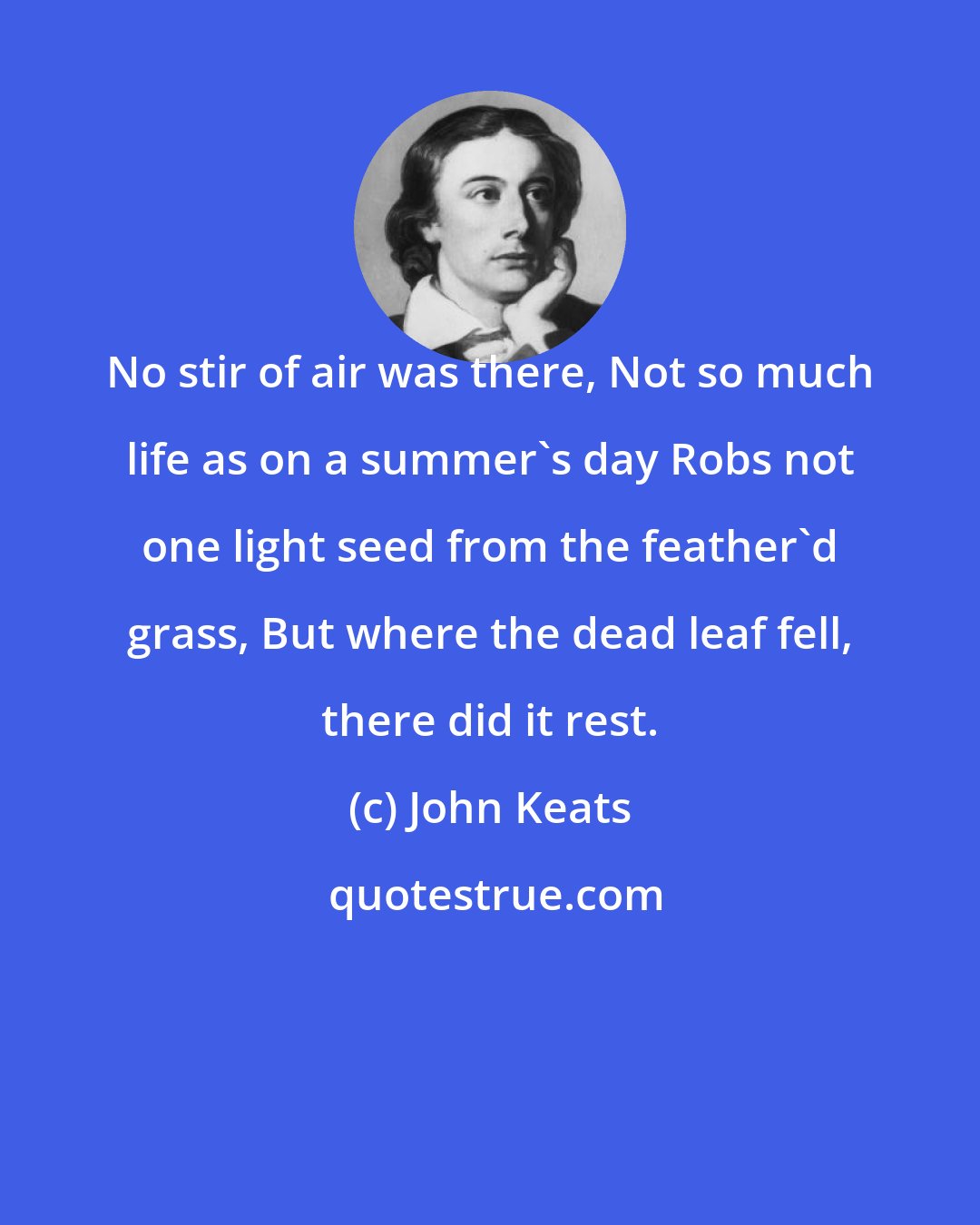 John Keats: No stir of air was there, Not so much life as on a summer's day Robs not one light seed from the feather'd grass, But where the dead leaf fell, there did it rest.