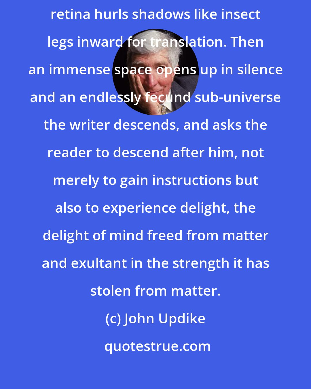 John Updike: It skims in through the eye, and by means of the utterly delicate retina hurls shadows like insect legs inward for translation. Then an immense space opens up in silence and an endlessly fecund sub-universe the writer descends, and asks the reader to descend after him, not merely to gain instructions but also to experience delight, the delight of mind freed from matter and exultant in the strength it has stolen from matter.