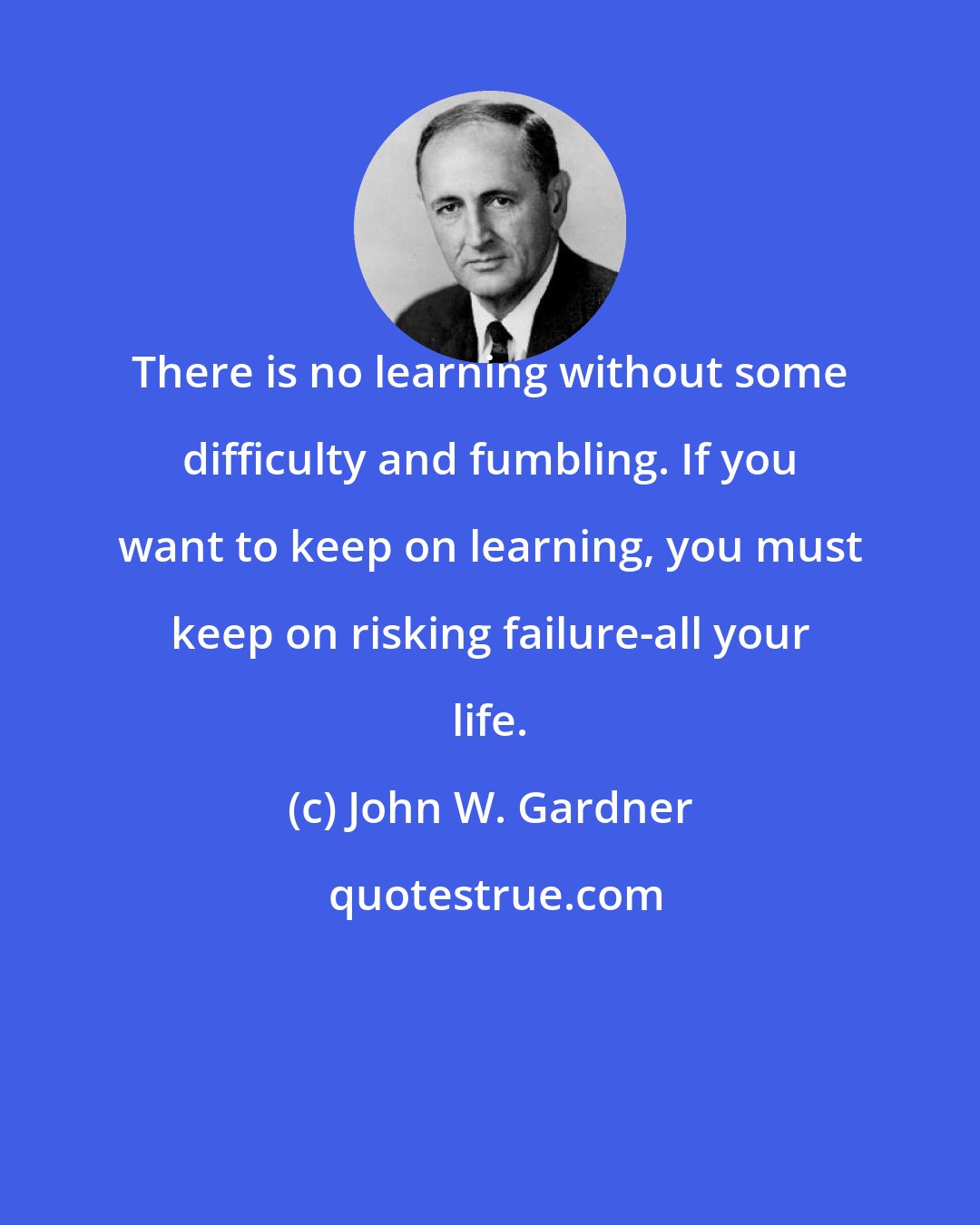 John W. Gardner: There is no learning without some difficulty and fumbling. If you want to keep on learning, you must keep on risking failure-all your life.