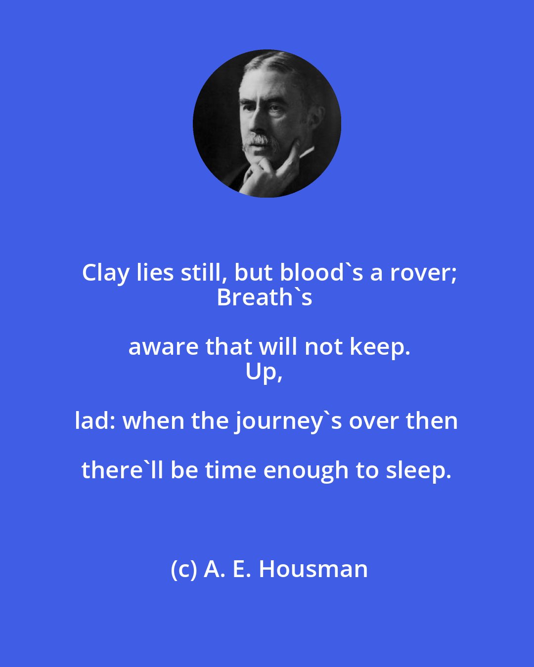 A. E. Housman: Clay lies still, but blood's a rover;
Breath's aware that will not keep.
Up, lad: when the journey's over then there'll be time enough to sleep.