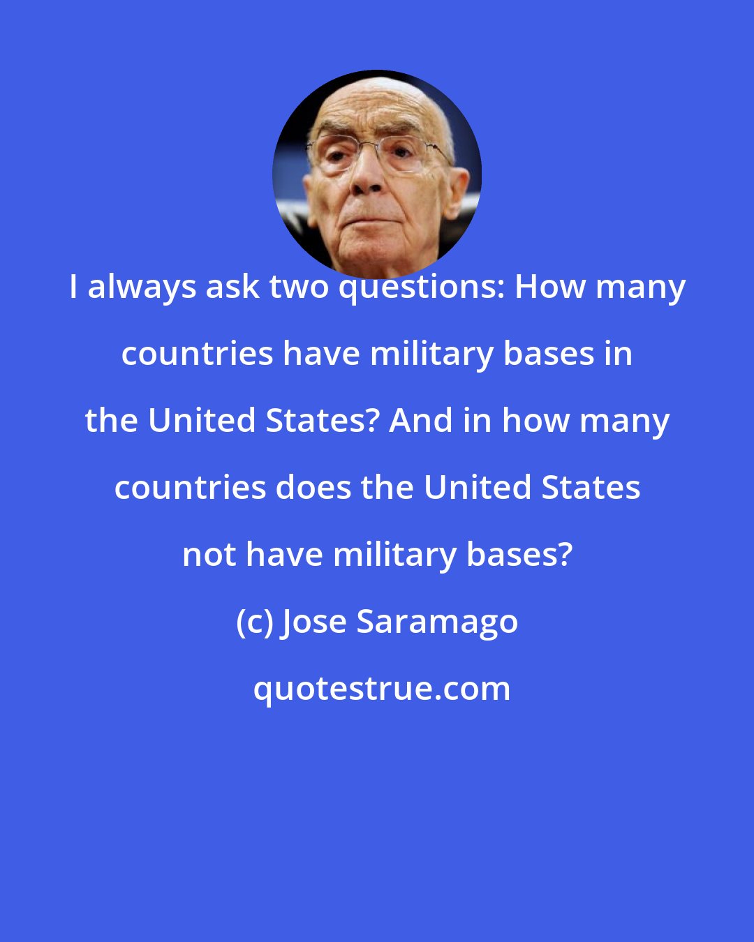 Jose Saramago: I always ask two questions: How many countries have military bases in the United States? And in how many countries does the United States not have military bases?
