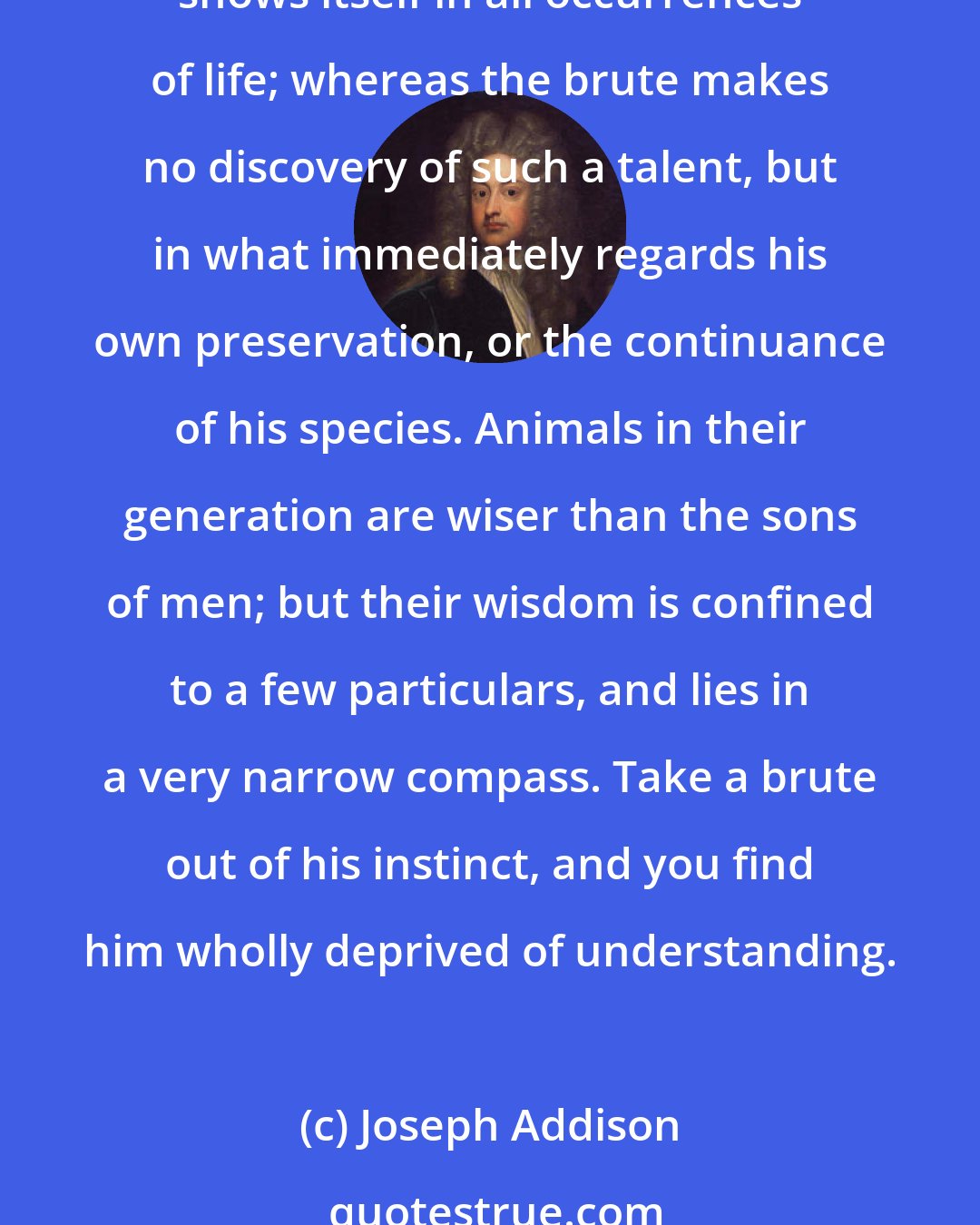Joseph Addison: One would wonder to hear skeptical men disputing for the reason of animals, and telling us it is only our pride and prejudices that will not allow them the use of that faculty. Reason shows itself in all occurrences of life; whereas the brute makes no discovery of such a talent, but in what immediately regards his own preservation, or the continuance of his species. Animals in their generation are wiser than the sons of men; but their wisdom is confined to a few particulars, and lies in a very narrow compass. Take a brute out of his instinct, and you find him wholly deprived of understanding.