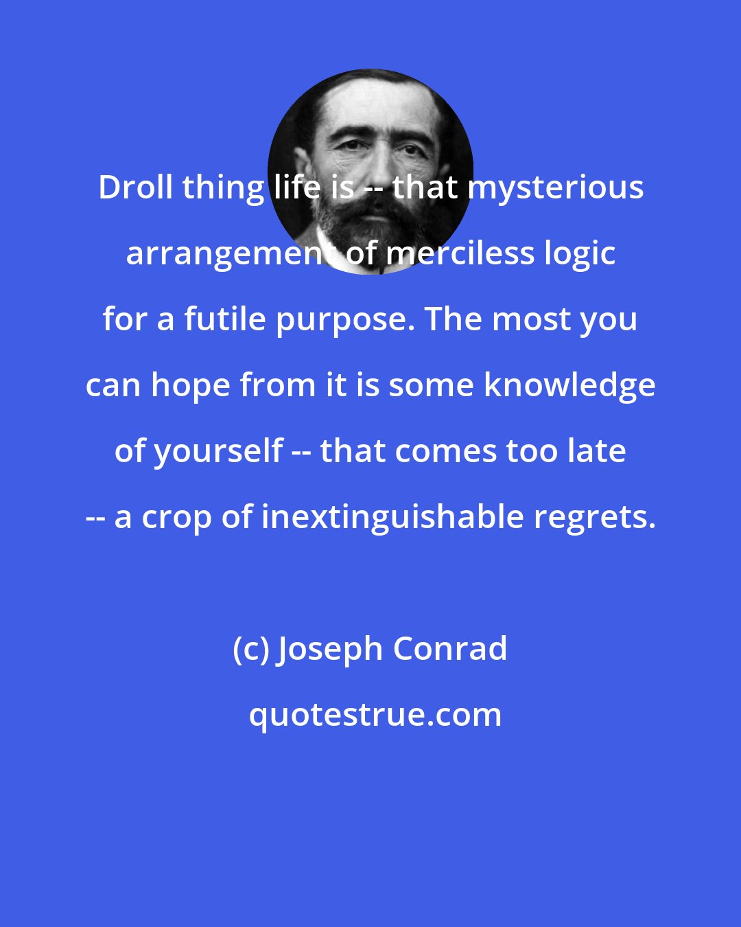 Joseph Conrad: Droll thing life is -- that mysterious arrangement of merciless logic for a futile purpose. The most you can hope from it is some knowledge of yourself -- that comes too late -- a crop of inextinguishable regrets.