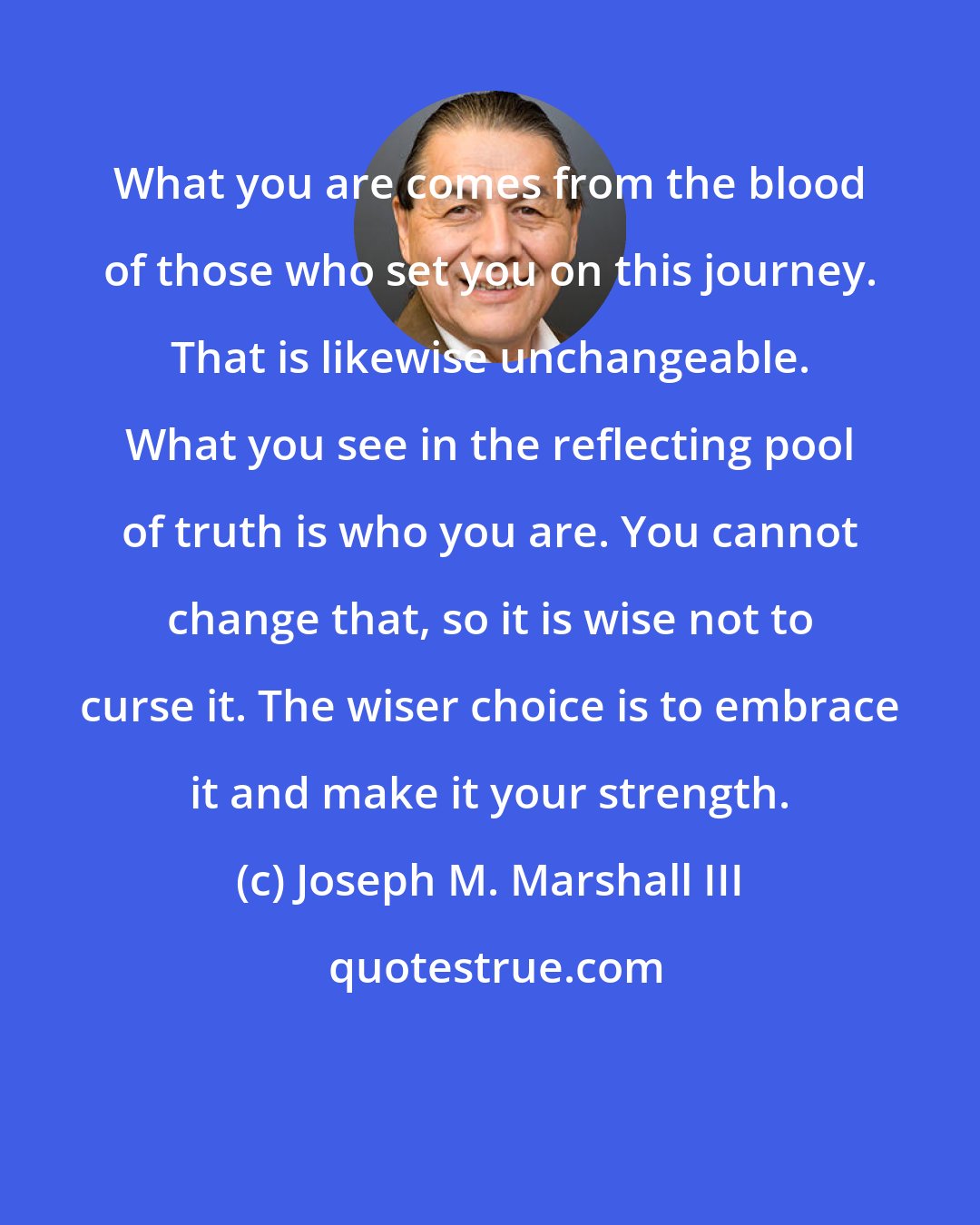 Joseph M. Marshall III: What you are comes from the blood of those who set you on this journey. That is likewise unchangeable. What you see in the reflecting pool of truth is who you are. You cannot change that, so it is wise not to curse it. The wiser choice is to embrace it and make it your strength.