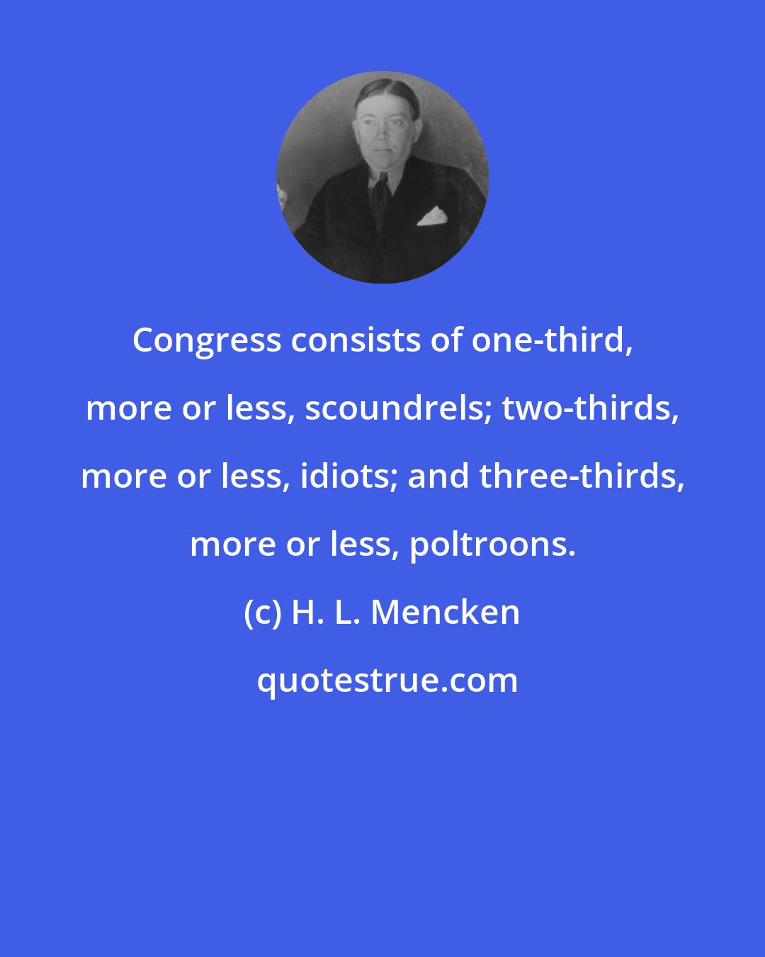 H. L. Mencken: Congress consists of one-third, more or less, scoundrels; two-thirds, more or less, idiots; and three-thirds, more or less, poltroons.