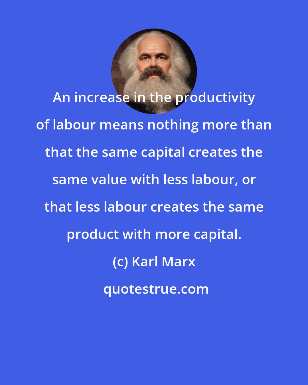 Karl Marx: An increase in the productivity of labour means nothing more than that the same capital creates the same value with less labour, or that less labour creates the same product with more capital.