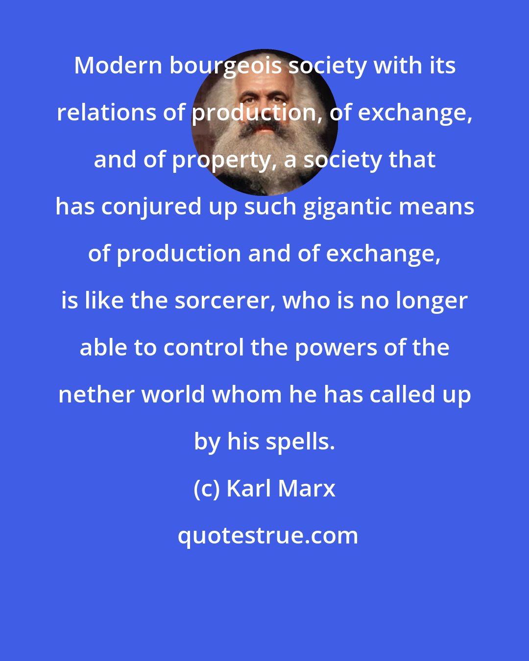 Karl Marx: Modern bourgeois society with its relations of production, of exchange, and of property, a society that has conjured up such gigantic means of production and of exchange, is like the sorcerer, who is no longer able to control the powers of the nether world whom he has called up by his spells.