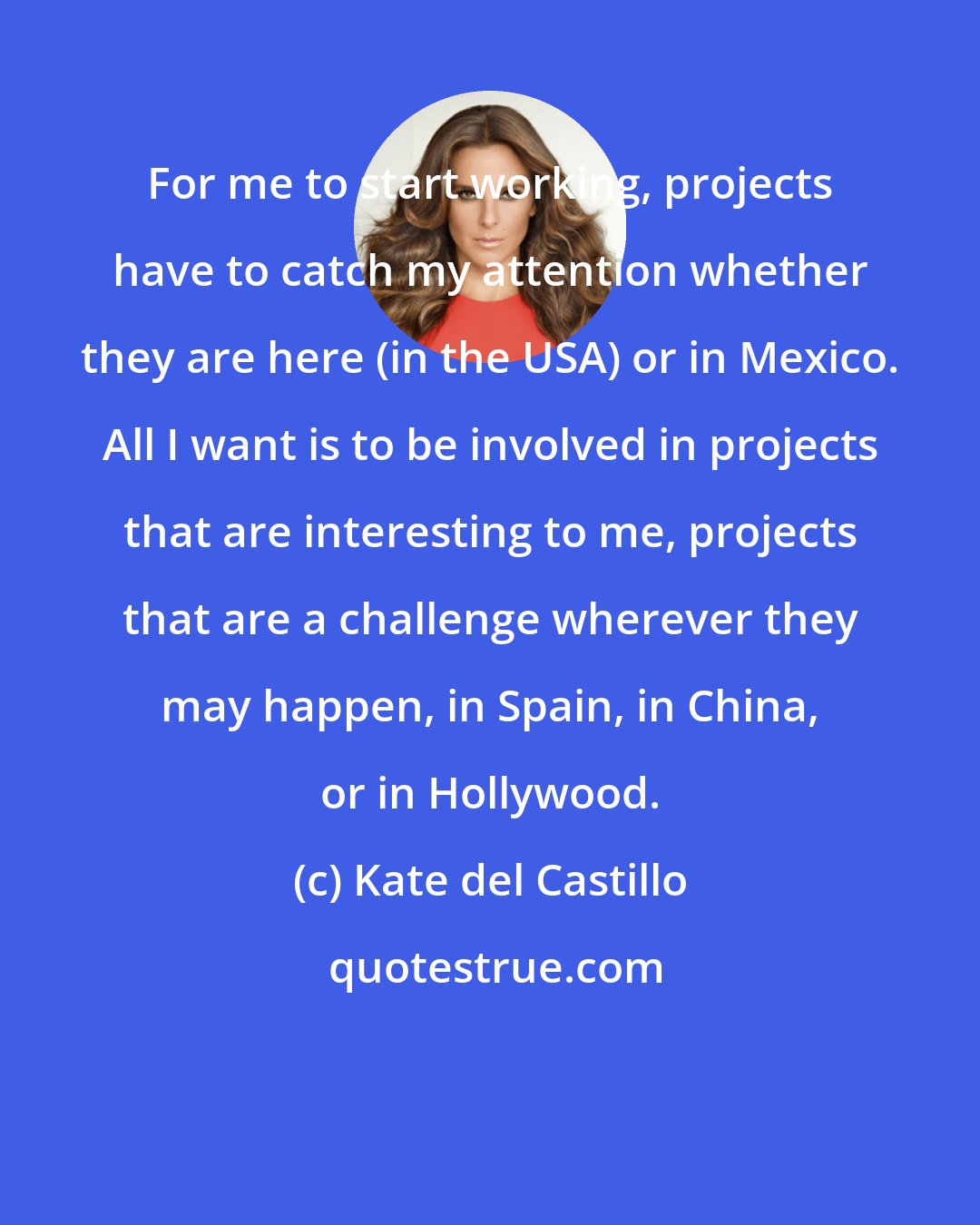 Kate del Castillo: For me to start working, projects have to catch my attention whether they are here (in the USA) or in Mexico. All I want is to be involved in projects that are interesting to me, projects that are a challenge wherever they may happen, in Spain, in China, or in Hollywood.