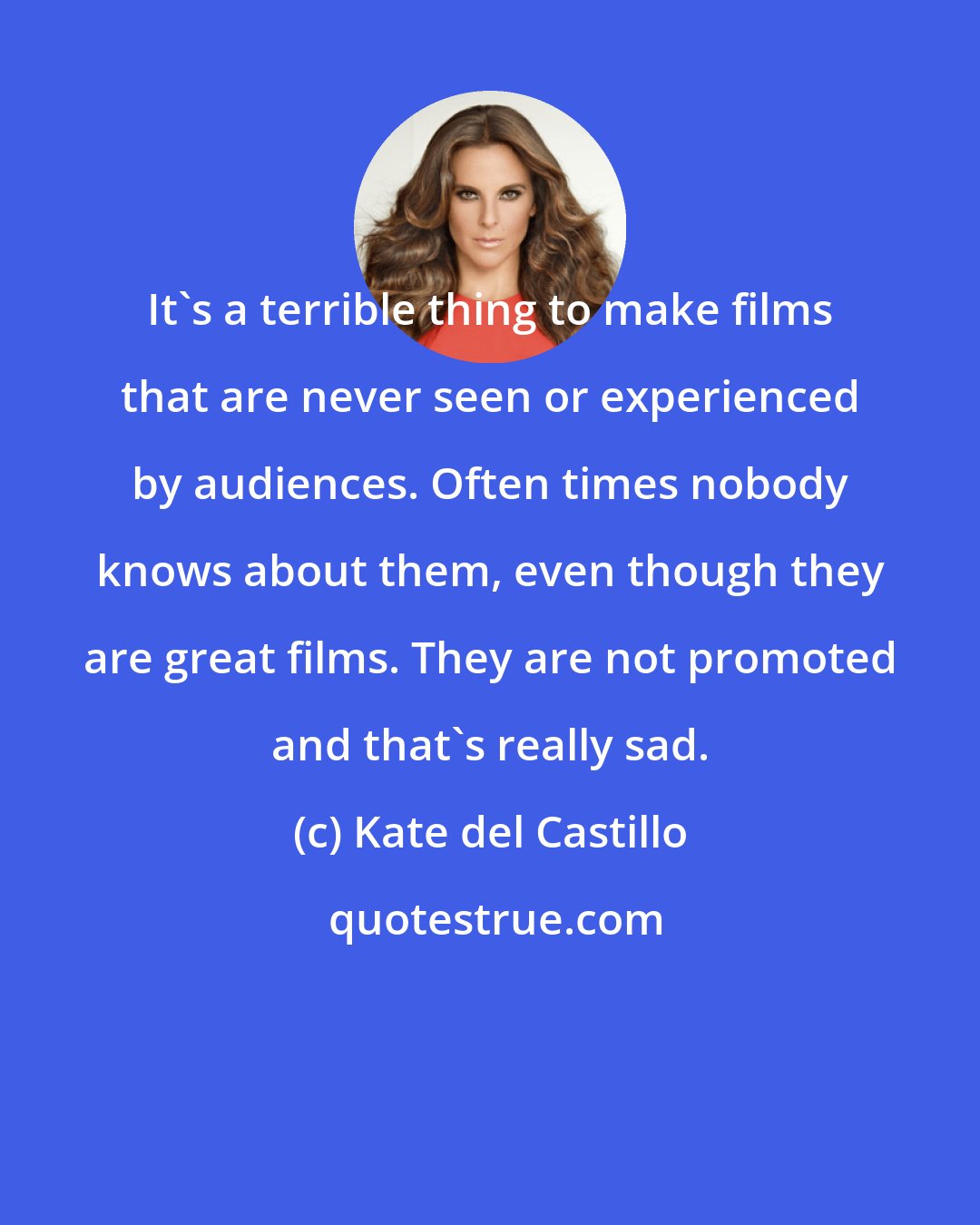 Kate del Castillo: It's a terrible thing to make films that are never seen or experienced by audiences. Often times nobody knows about them, even though they are great films. They are not promoted and that's really sad.
