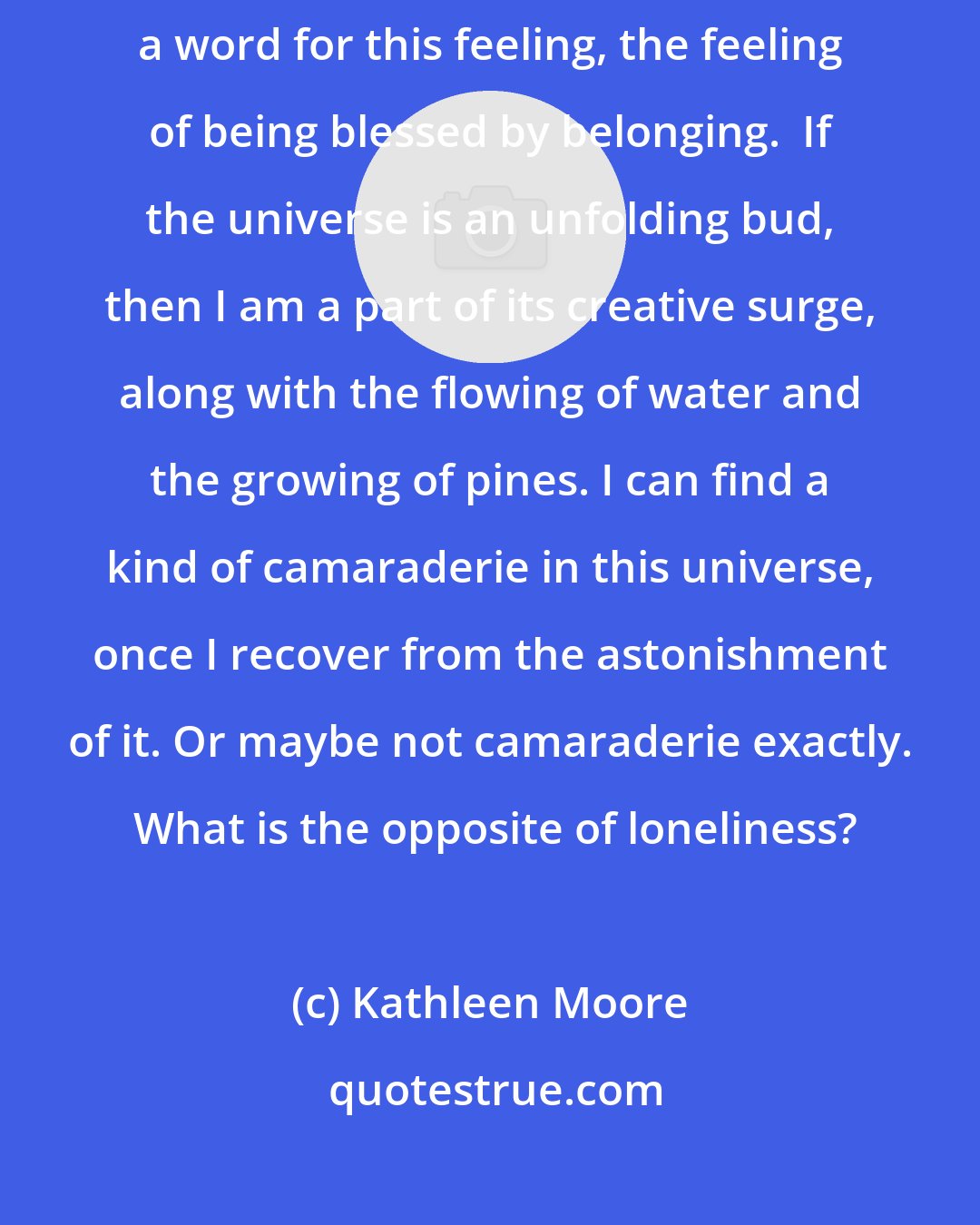 Kathleen Moore: For how smart we think we are, how facile with words, we don't have a word for this feeling, the feeling of being blessed by belonging.  If the universe is an unfolding bud, then I am a part of its creative surge, along with the flowing of water and the growing of pines. I can find a kind of camaraderie in this universe, once I recover from the astonishment of it. Or maybe not camaraderie exactly.  What is the opposite of loneliness?