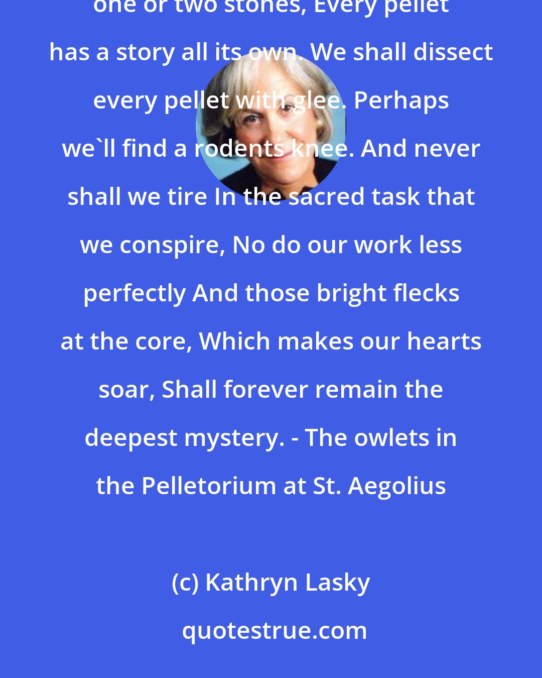 Kathryn Lasky: Every pellet has a story all its own. Every pellet has a story all its own. With its fur and teeth and bones And one or two stones, Every pellet has a story all its own. We shall dissect every pellet with glee. Perhaps we'll find a rodents knee. And never shall we tire In the sacred task that we conspire, No do our work less perfectly And those bright flecks at the core, Which makes our hearts soar, Shall forever remain the deepest mystery. - The owlets in the Pelletorium at St. Aegolius