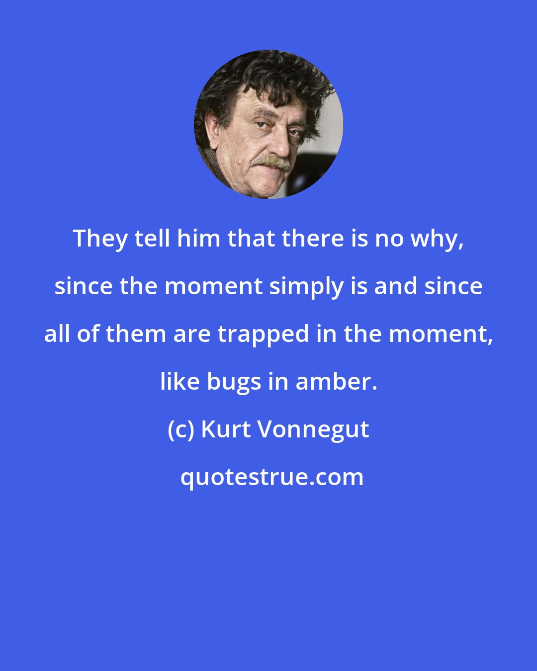Kurt Vonnegut: They tell him that there is no why, since the moment simply is and since all of them are trapped in the moment, like bugs in amber.