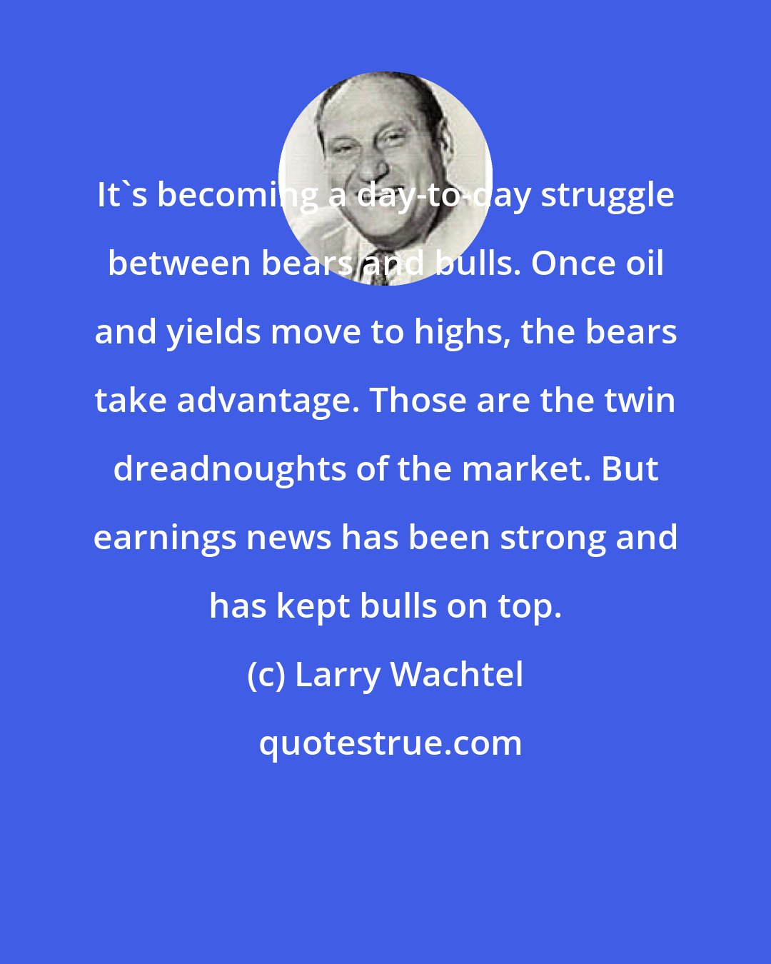 Larry Wachtel: It's becoming a day-to-day struggle between bears and bulls. Once oil and yields move to highs, the bears take advantage. Those are the twin dreadnoughts of the market. But earnings news has been strong and has kept bulls on top.