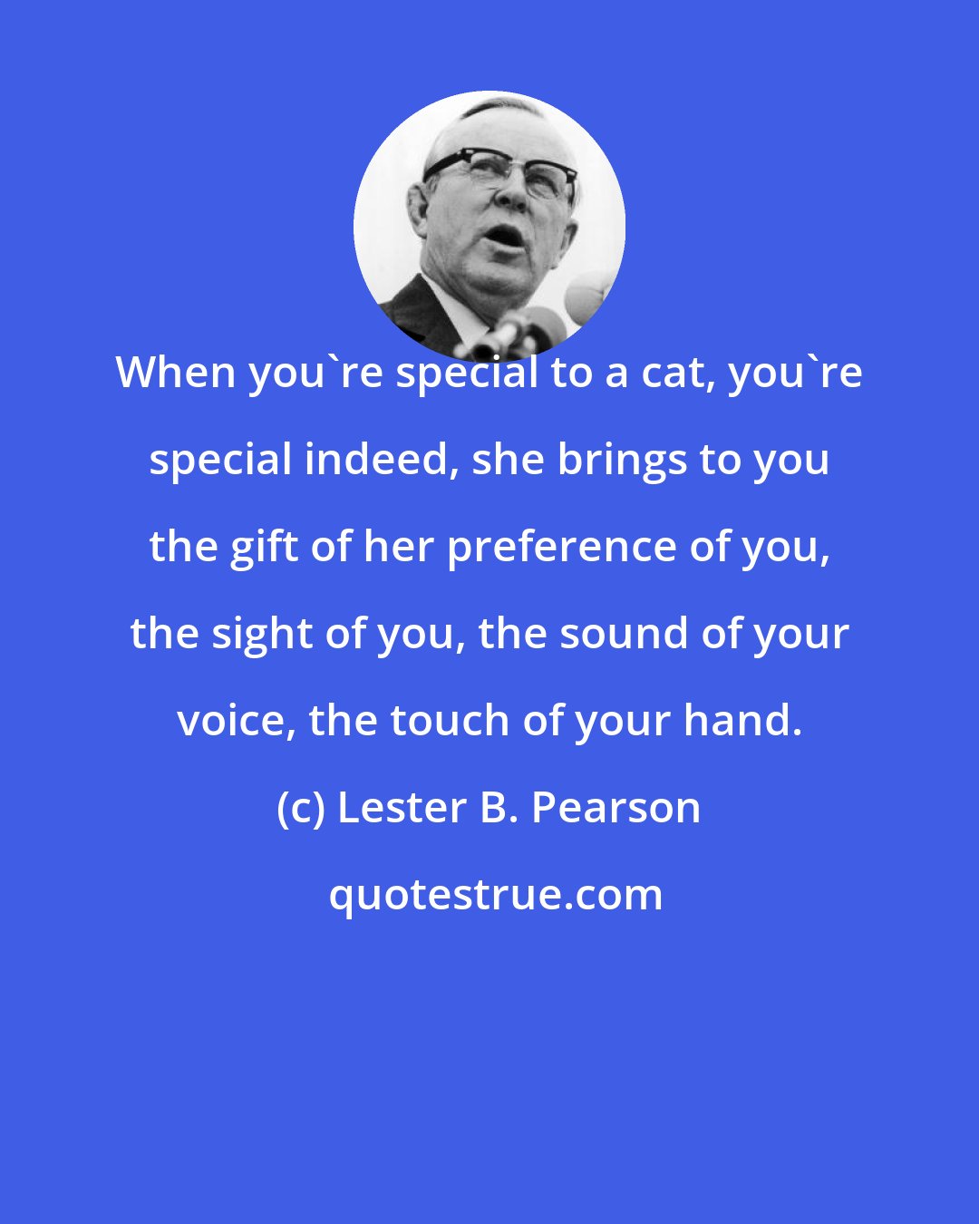Lester B. Pearson: When you're special to a cat, you're special indeed, she brings to you the gift of her preference of you, the sight of you, the sound of your voice, the touch of your hand.