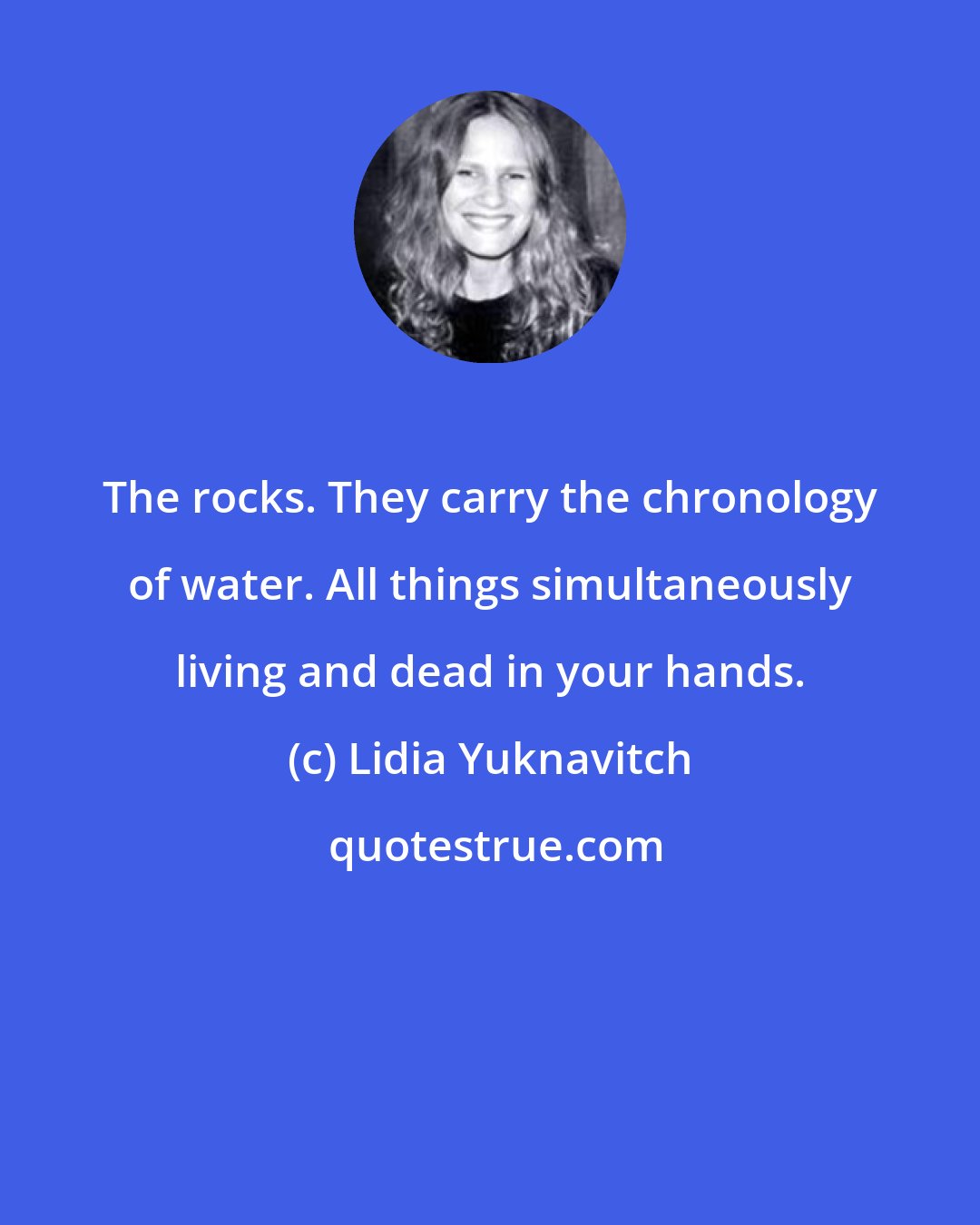 Lidia Yuknavitch: The rocks. They carry the chronology of water. All things simultaneously living and dead in your hands.