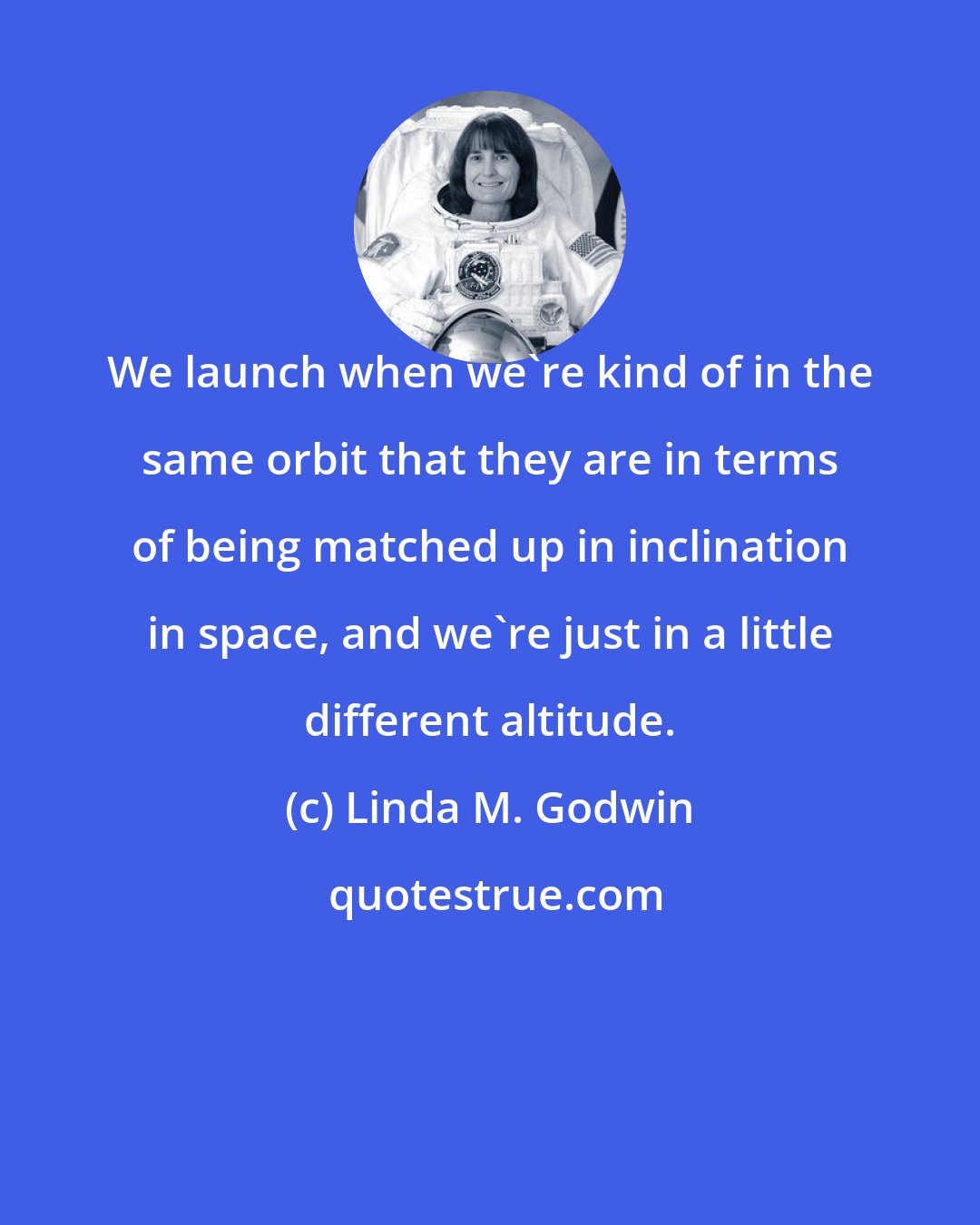 Linda M. Godwin: We launch when we're kind of in the same orbit that they are in terms of being matched up in inclination in space, and we're just in a little different altitude.
