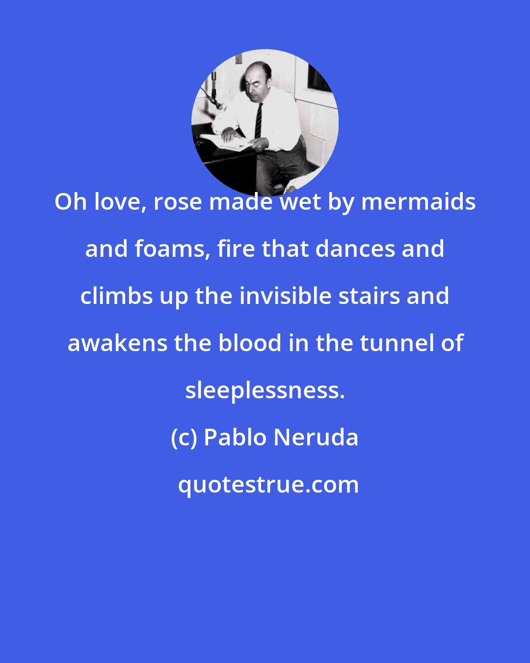 Pablo Neruda: Oh love, rose made wet by mermaids and foams, fire that dances and climbs up the invisible stairs and awakens the blood in the tunnel of sleeplessness.