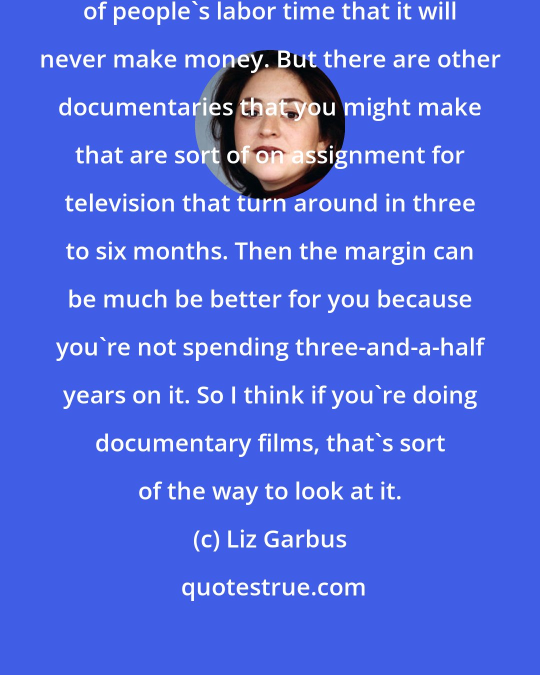 Liz Garbus: There is so much investment in it of people's labor time that it will never make money. But there are other documentaries that you might make that are sort of on assignment for television that turn around in three to six months. Then the margin can be much be better for you because you're not spending three-and-a-half years on it. So I think if you're doing documentary films, that's sort of the way to look at it.
