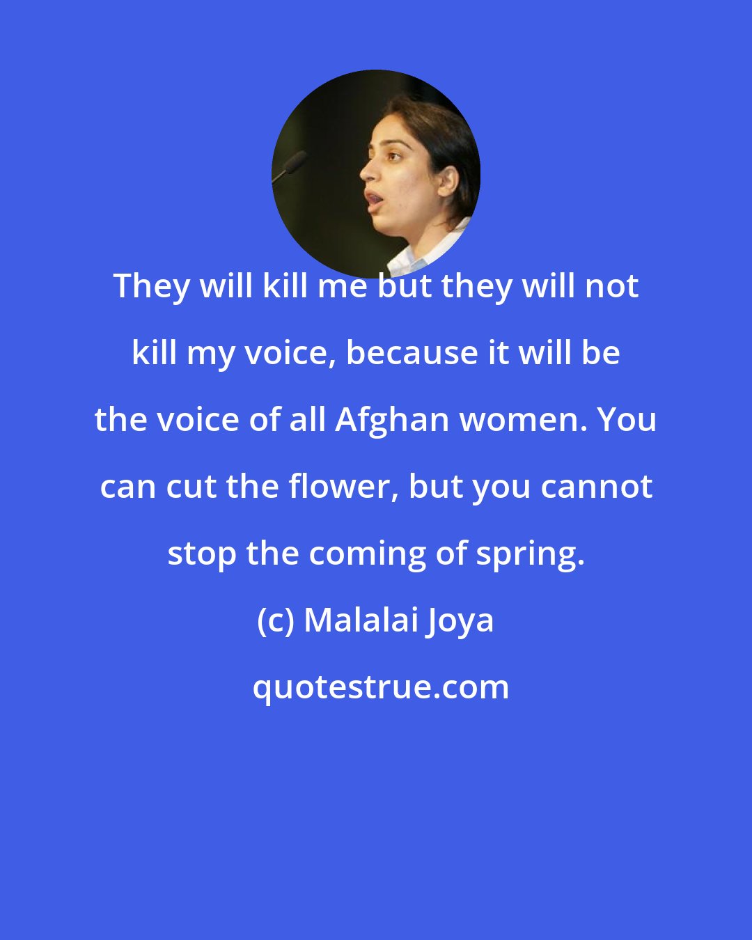 Malalai Joya: They will kill me but they will not kill my voice, because it will be the voice of all Afghan women. You can cut the flower, but you cannot stop the coming of spring.
