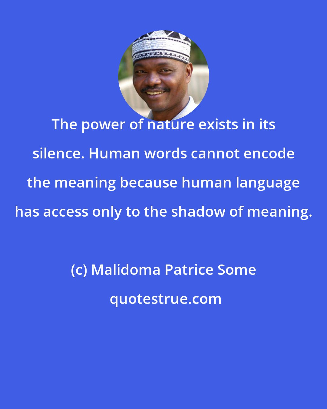 Malidoma Patrice Some: The power of nature exists in its silence. Human words cannot encode the meaning because human language has access only to the shadow of meaning.