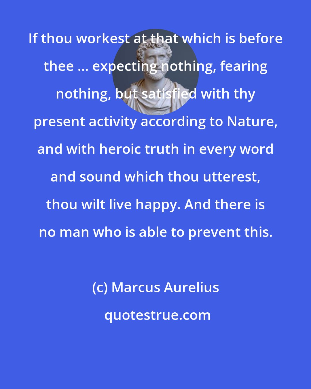 Marcus Aurelius: If thou workest at that which is before thee ... expecting nothing, fearing nothing, but satisfied with thy present activity according to Nature, and with heroic truth in every word and sound which thou utterest, thou wilt live happy. And there is no man who is able to prevent this.