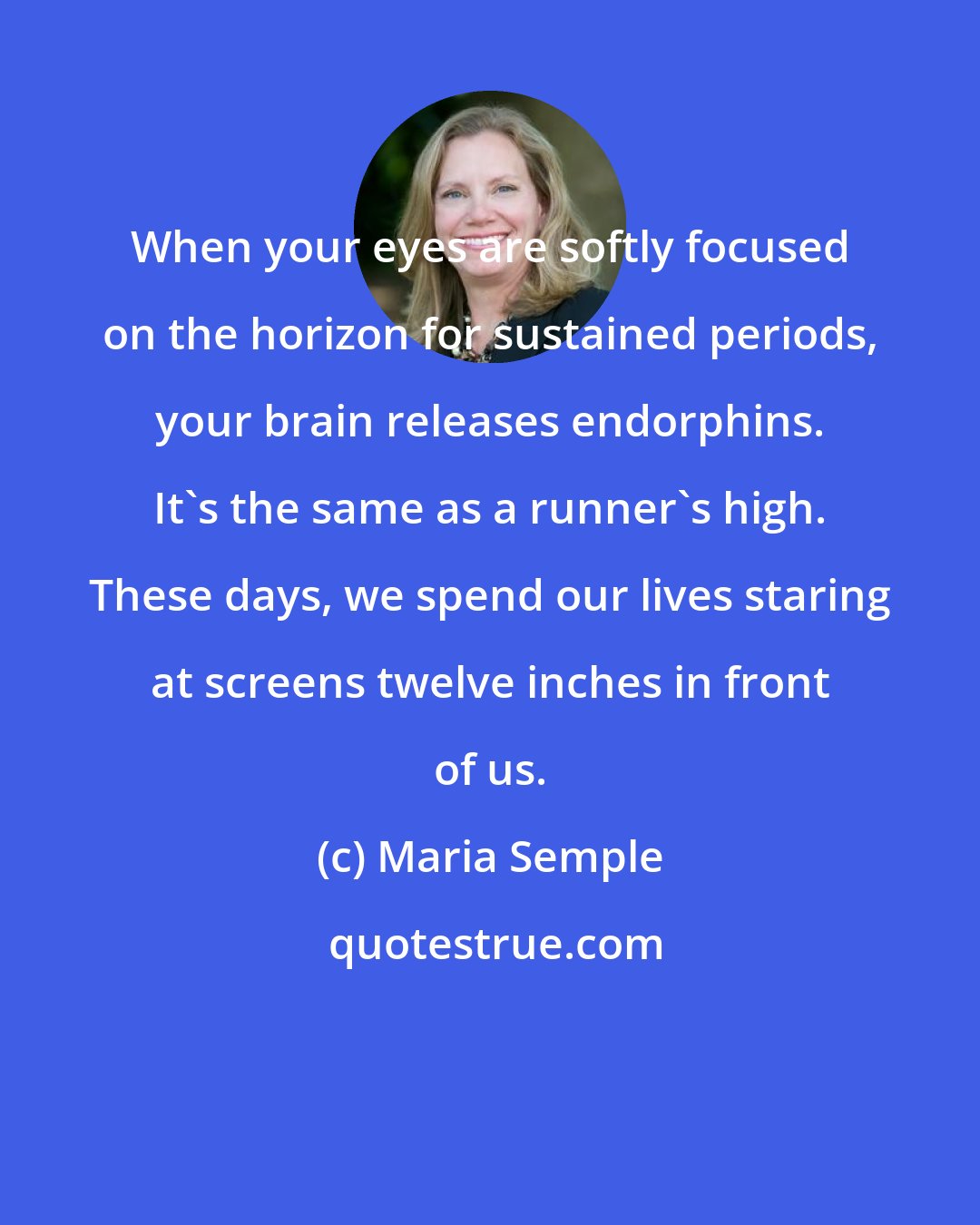 Maria Semple: When your eyes are softly focused on the horizon for sustained periods, your brain releases endorphins. It's the same as a runner's high. These days, we spend our lives staring at screens twelve inches in front of us.