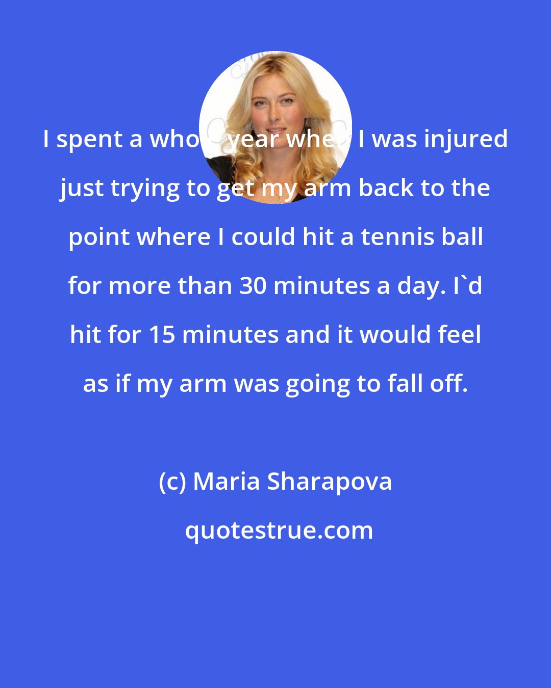 Maria Sharapova: I spent a whole year when I was injured just trying to get my arm back to the point where I could hit a tennis ball for more than 30 minutes a day. I'd hit for 15 minutes and it would feel as if my arm was going to fall off.