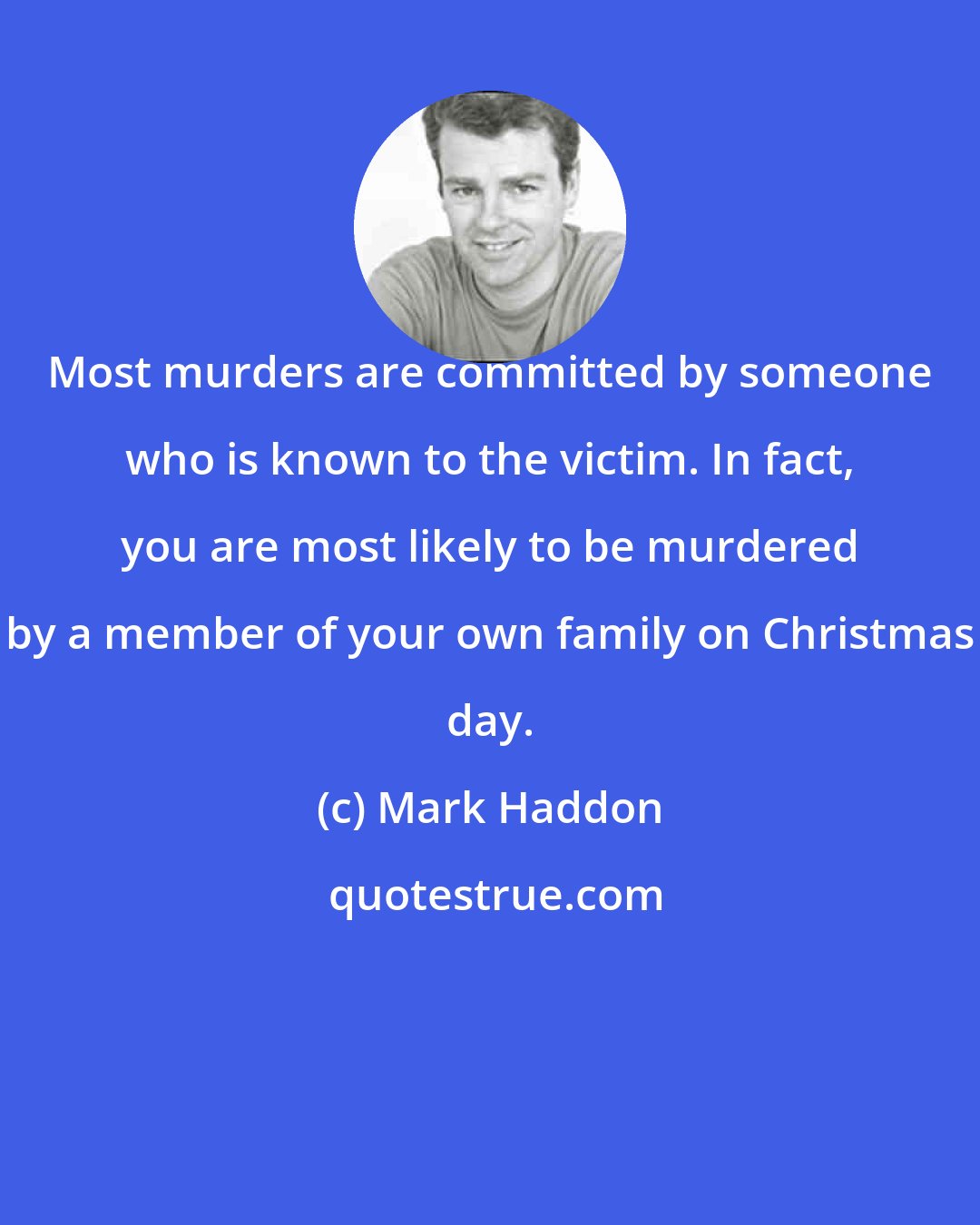 Mark Haddon: Most murders are committed by someone who is known to the victim. In fact, you are most likely to be murdered by a member of your own family on Christmas day.