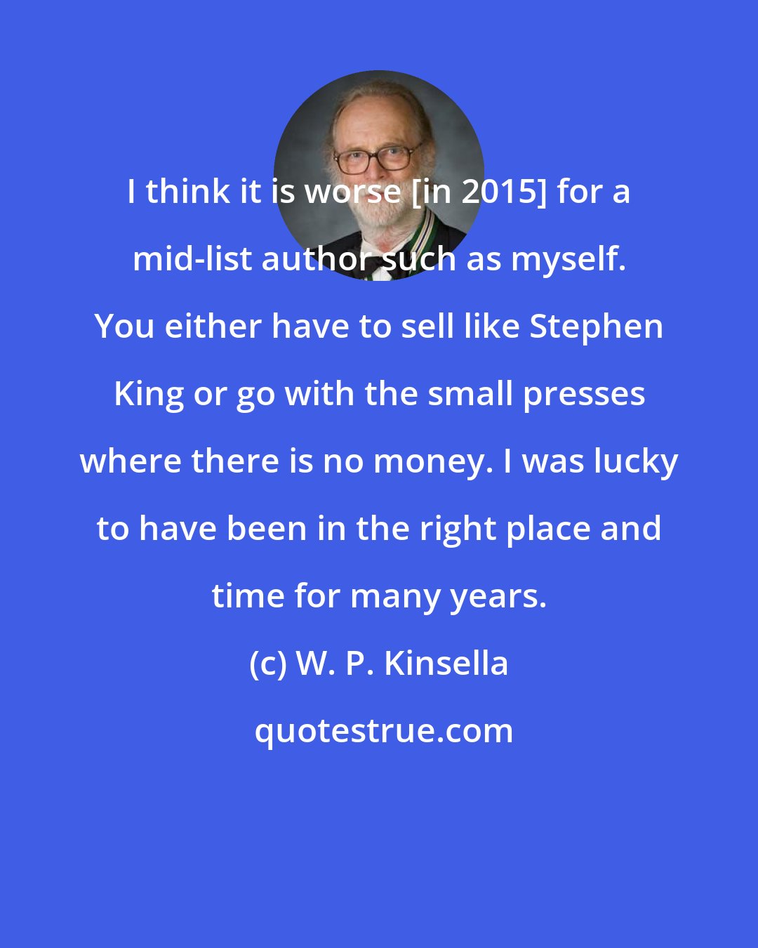 W. P. Kinsella: I think it is worse [in 2015] for a mid-list author such as myself. You either have to sell like Stephen King or go with the small presses where there is no money. I was lucky to have been in the right place and time for many years.