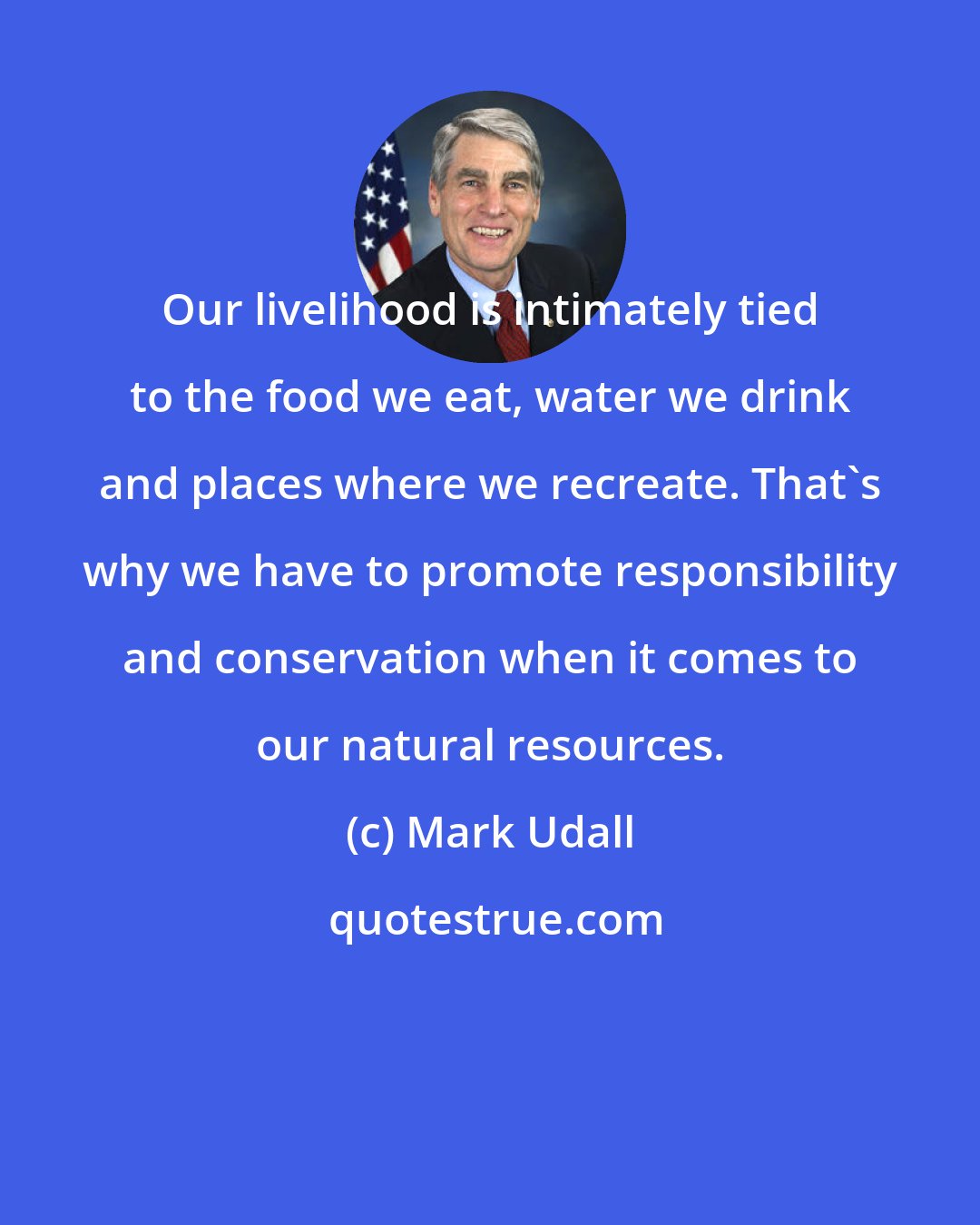 Mark Udall: Our livelihood is intimately tied to the food we eat, water we drink and places where we recreate. That's why we have to promote responsibility and conservation when it comes to our natural resources.