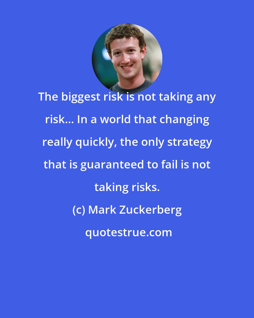 Mark Zuckerberg: The biggest risk is not taking any risk... In a world that changing really quickly, the only strategy that is guaranteed to fail is not taking risks.